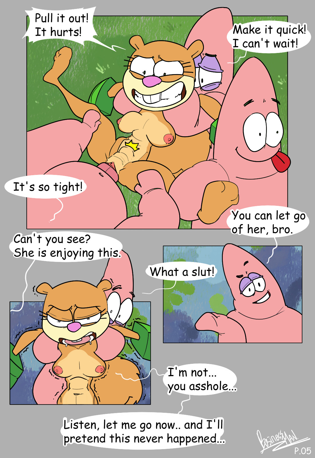 1girls, 3boys, anthro, breasts, brown fur, businessman (artist), comic, dialogue, female, fluffy tail, foursome, furry, gangbang, gloves, grass, holding leg, interspecies, male, male/female, mammal, mmmf foursome, nickelodeon, nipples, nude, nude female, nude male, patrick star, penis, penis in pussy, pussy, rape, rodent, sandy cheeks, spongebob squarepants, squirrel, starfish, tail, text, text bubble, tongue, tree squirrel, trembling