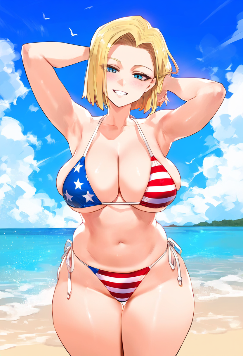 1girls, ai generated, american flag bikini, android 18, beach, big breasts, bikini, blush, breasts, dragon ball, female, female only, light skin, light-skinned female, reinafan, smile, solo, solo female, tagme, thick thighs, wide hips