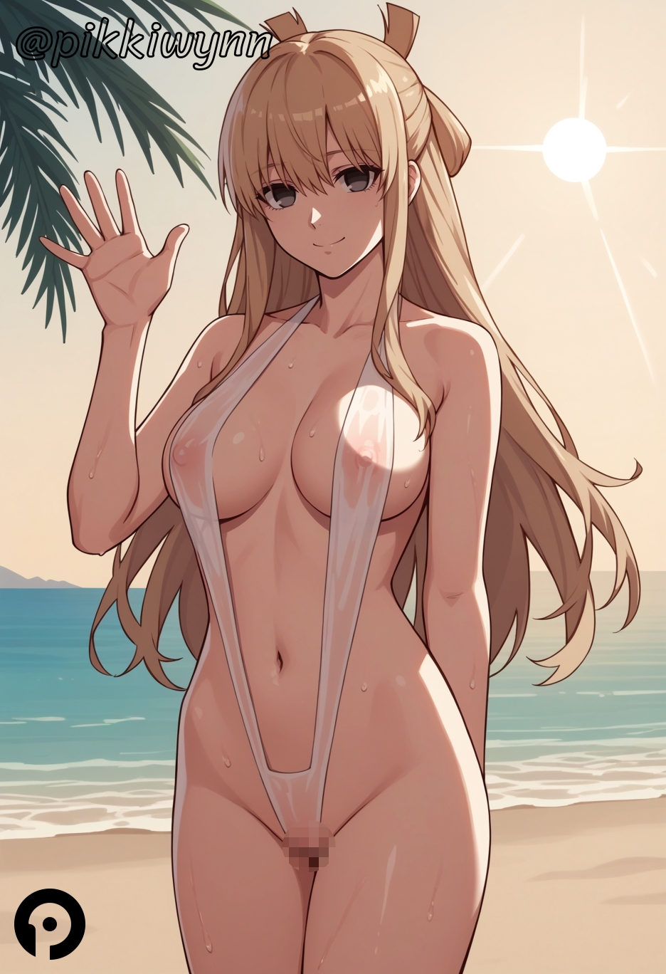 ai_generated arm_behind_back bangs bare_arms bare_shoulders beach black_eyes blonde_hair breasts censored closed_mouth collarbone covered_nipples cowboy_shot female go!_go!_loser_ranger! hand_up large_breasts long_hair looking_at_viewer mosaic_censoring navel nipples ocean one-piece_swimsuit outdoors pikkiwynn pussy ranger_reject see-through sentai_daishikkaku sidelocks slingshot_swimsuit smile solo standing stomach sun sunset suzukiri_yumeko swimsuit thighs water wet white_one-piece_swimsuit