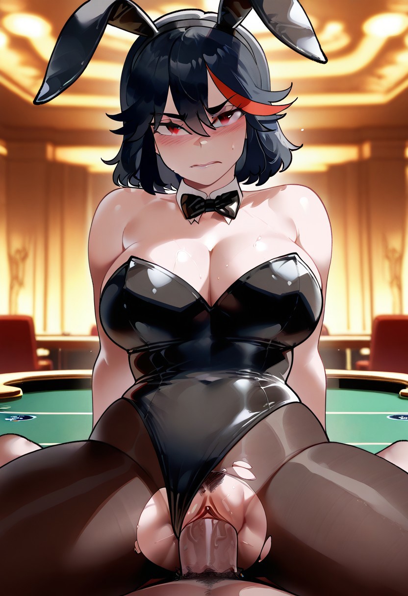 ai_generated animal_ears black_hair bunny_costume bunny_ears bunnysuit casino casino_card_table casino_table cowgirl cowgirl_position digbyai kill_la_kill matoi_ryuuko playboy_bunny pov pov_eye_contact two_tone_hair