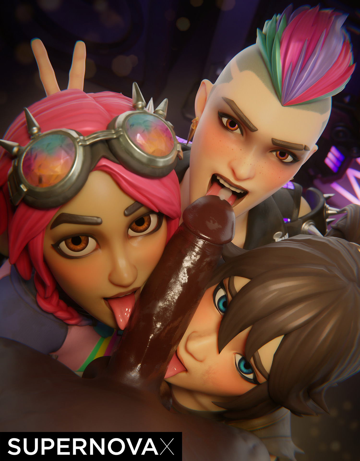 1boy, 3d, 3girls, big penis, blowjob, blowjob face, collaborative fellatio, cum, cum in mouth, cumming, dark skin, dark-skinned male, female, fortnite, fortnite: battle royale, interracial, light skin, light-skinned female, looking at viewer, male, male pov, penis, ringmaster scarr (fortnite), supernovax