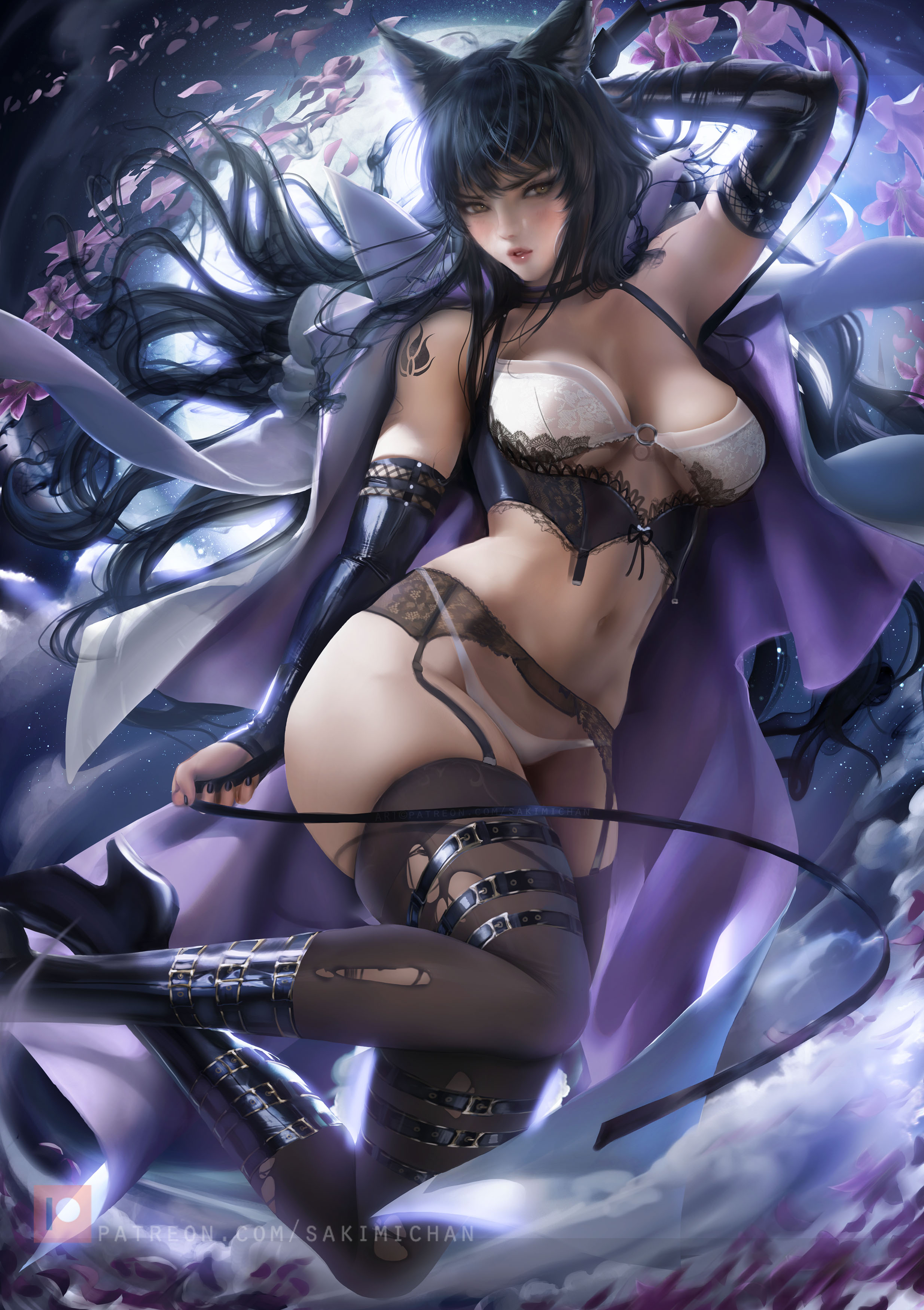black gloves, black hair, black legwear, blake belladonna, boots, bra, breasts, female, gloves, lips, long hair, looking at viewer, nail polish, panties, rwby, sakimichan, solo, tattoo, thighhighs, underwear, yellow eyes
