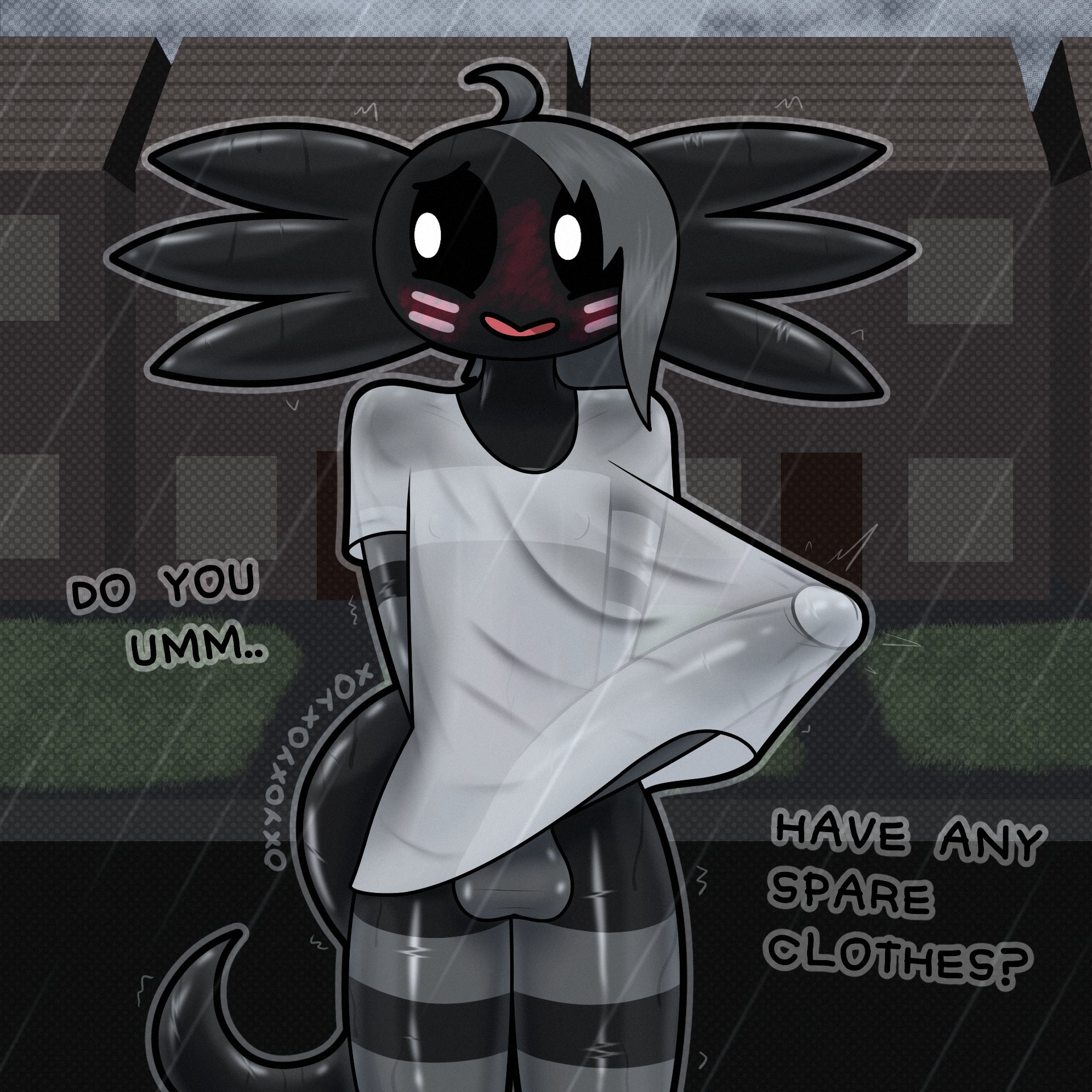 axolotl, blush, bottomless, bottomless male, embarrassed, femboy, huge cock, hung trap, licorice (oxyoxyoxyox), male, nervous smile, oxyoxyoxyox, penis, raining, talking to viewer, wet clothes