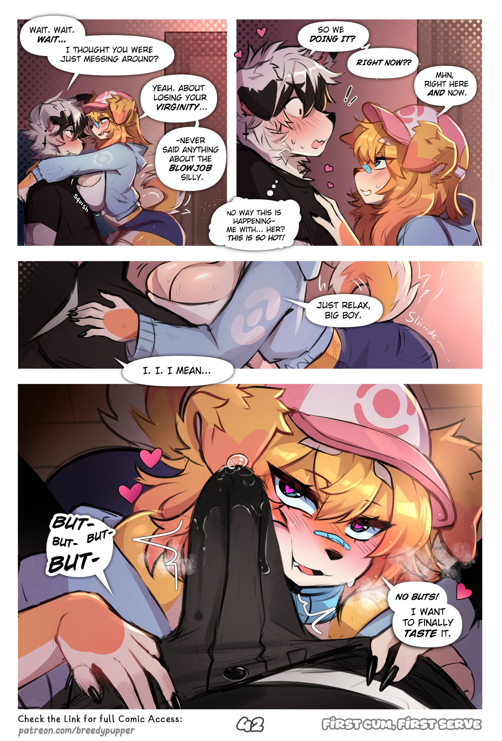 4koma, absurd res, anthro, assertive female, big breasts, blue (breedypupper), bodily fluids, boner, breast press, breasts, breedypupper, canine, clothing, comic, cute, dialogue, duo, embarrassed, emotional, english text, female, fur, furry, hard on, heart-shaped pupils, hi res, imminent sex, implied sex, jackie (breedypupper), male, male/female, mammal, nintendo, penis, pokemon, tail, text, url, virgin, wet, white fur, wholesome, yellow fur