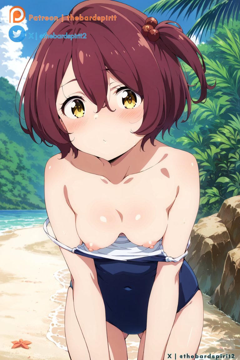 1girls ai_generated bangs beach bent_over breasts breasts_out curvaceous curvaceous_female curvaceous_figure curvy curvy_figure cute cute_face eyebrows_visible_through_hair female female_focus highres komari_chika light-skinned_female light_skin make_heroine_ga_oo_sugiru! medium_breasts nipples red_hair simple_background solo solo_female solo_focus standing swimsuit tagme thebardspirit topless voluptuous voluptuous_female yellow_eyes young young_female