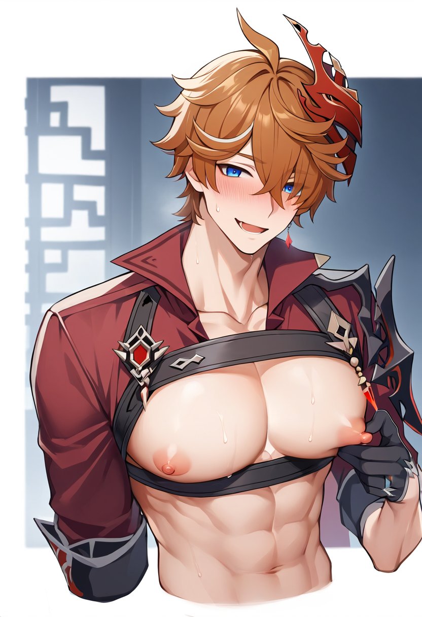 1boy 1male 1man abs ai_generated big_pecs blue_eyes childe_(genshin_impact) gay genshin_impact ginger ginger_hair harness harness_only large_pecs large_pectorals male male_focus male_nipples male_only man_boobs man_breasts man_tits nipple_play nipple_tweak nipples orange_hair pecs pectorals tagme tartaglia_(genshin_impact) yaoi