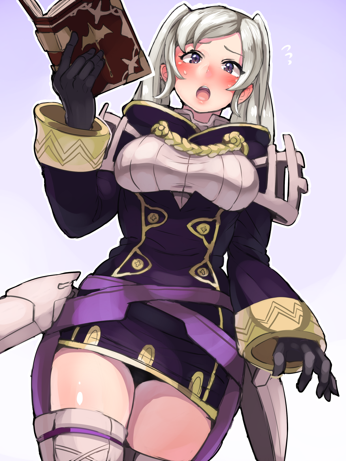 1girls, big breasts, blue background, blue eyes, blush, book, boris (noborhys), breasts, clothing, female, female only, fire emblem, fire emblem awakening, looking at viewer, mouth open, nintendo, open mouth, robin (fire emblem), robin (fire emblem) (female), solo, thick thighs, thighhighs, white background, white hair