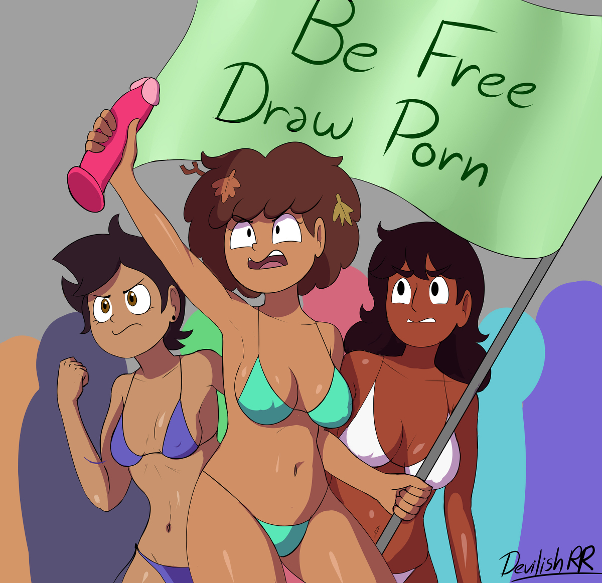 3girls, amphibia, anne boonchuy, artist name, bikini, black eyes, breasts, brown eyes, brown hair, cartoon network, cleavage, clothing, connie maheswaran, crossover, dark skin, devilishrr, dildo, disney channel, female, female focus, green bikini, group, human, luz noceda, medium hair, multiple females, multiple girls, navel, protest, public, purple bikini, sex toy, short hair, steven universe, swimsuit, swimwear, text, the owl house, white bikini