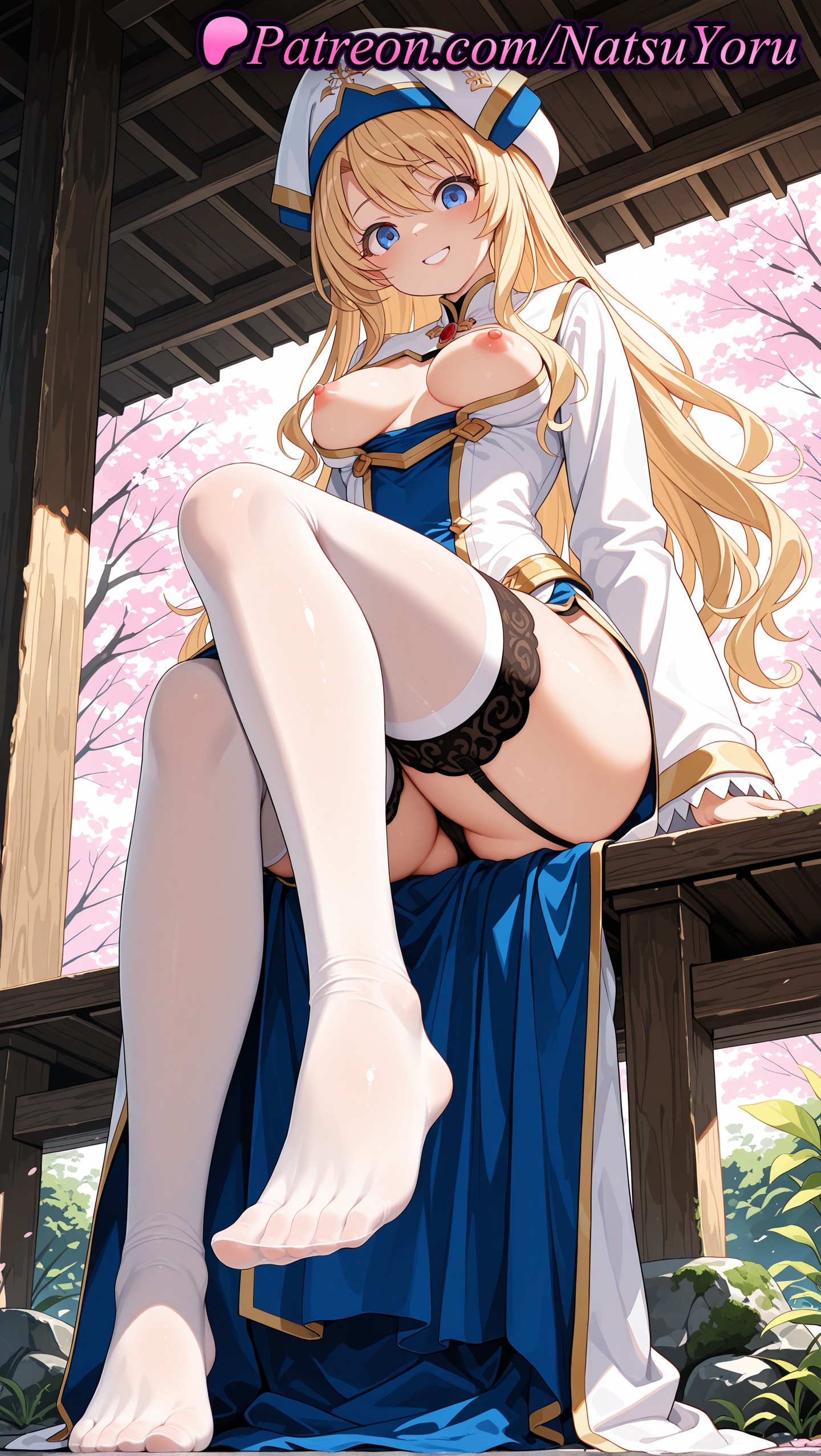 1girls, 2025, ai assisted, ai generated, anime, anime style, ass, bangs, black panties, blonde hair, blue eyes, blush, breasts, breasts out, bust, busty, day, dress, feet, female, female focus, female only, foot fetish, from below, full body, garter belt, garter straps, goblin slayer, grin, hat, hi res, high quality, high resolution, highres, lace trim, large breasts, legs, legwear, long hair, long sleeves, looking at viewer, looking down, makeup, medium breasts, natsuyoru, nipples, nipples outside, no bra, no panties, no shoes, non-asian, outdoors, panties, pantsu, patreon, priestess (goblin slayer), sitting, smile, soles, solo, solo female, stable diffusion, stockings, thighhighs, thighs, toes, tree, uncensored nipples, underwear, voluptuous, voluptuous female, white dress, white headwear, white thighhighs, wide sleeves