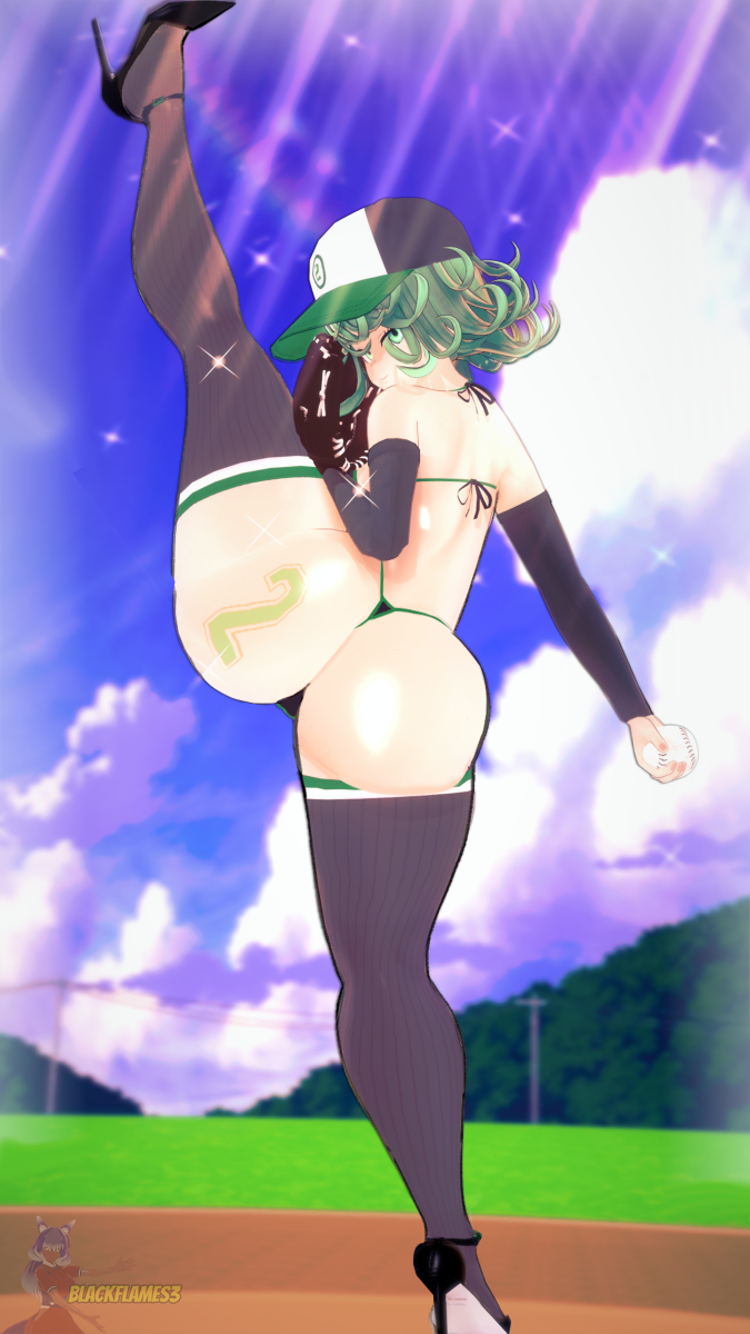 1girls 3d ass ass_focus ass_tattoo baseball baseball_cap bikini blackflames3 female female_only high_heels huge_ass micro_bikini number number_tattoo one-punch_man outdoors solo suketto_sanjou!! tatsumaki tattoo tattoo_on_butt thighhighs thighs wind_up