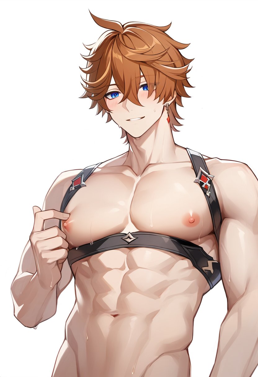 1boy 1male 1man abs ai_generated biceps big_nipples big_pecs blue_eyes childe_(genshin_impact) deltoids gay genshin_impact ginger ginger_hair harness harness_only large_nipples large_pecs large_pectorals male male_focus male_nipples male_only man man_boobs man_breasts man_tits manly nipples orange_hair pecs pectorals sweat sweaty sweaty_body tagme tartaglia_(genshin_impact) yaoi