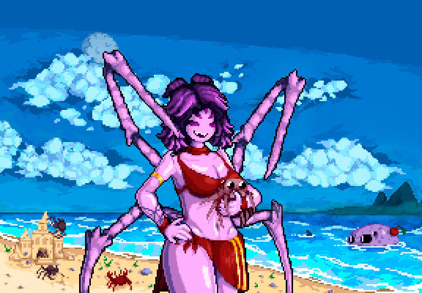 1girl 1girls 5_eyes anthro beach beach_background crab cute fangs li_offline monster monster_girl muffet pixel_art purple_body purple_eyes purple_hair purple_skin smile solo solo_female spider spider_girl tagme undertale undertale_(series) video_game video_game_character video_games