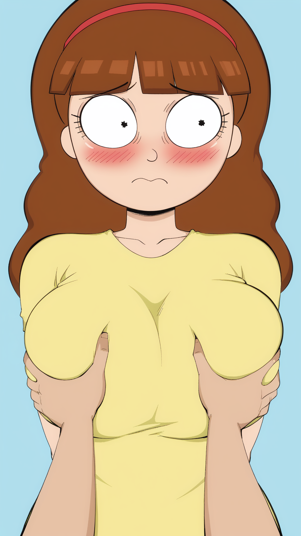 ai_generated avoiding_eye_contact big_breasts breast_squeeze breasts breasts_grab brown_hair collarbone embarrassed flushed flushed_face fondle grabbing_breasts groping groping_breasts hairband hands_behind_head medium_breasts medium_hair morticia_smith pale_skin rick_and_morty rule63 self_upload shy simple_background simple_coloring simple_shading viewer_pov white_skin worried yellow_shirt