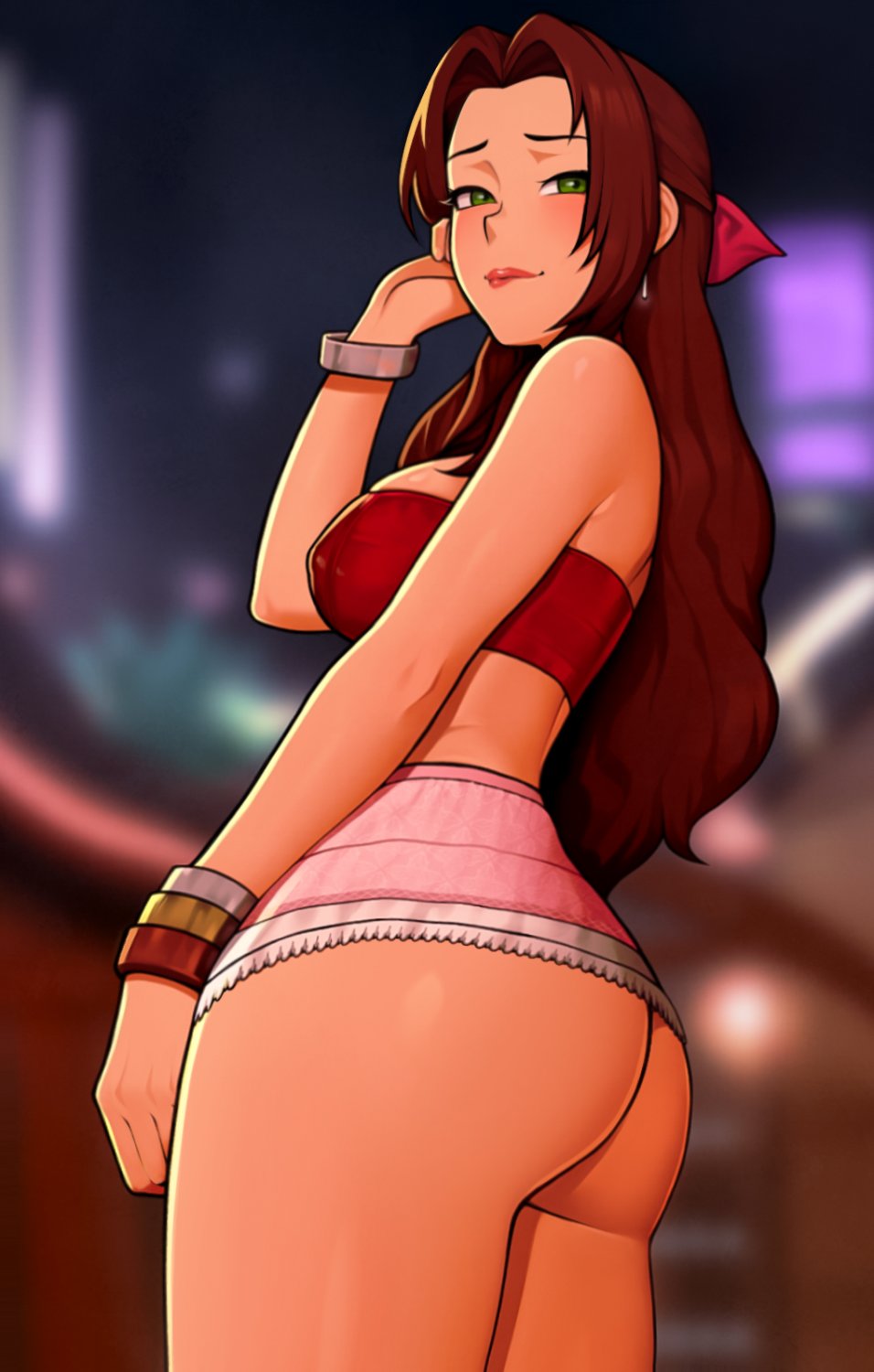 1girls aerith_gainsborough bottomless_dress brown_hair cleavage cleft_of_venus closed_eyes clothed cowboy_shot female female_only final_fantasy final_fantasy_vii innie_pussy lipstick loodncrood no_panties outside_border pussy smile solo standing white_border