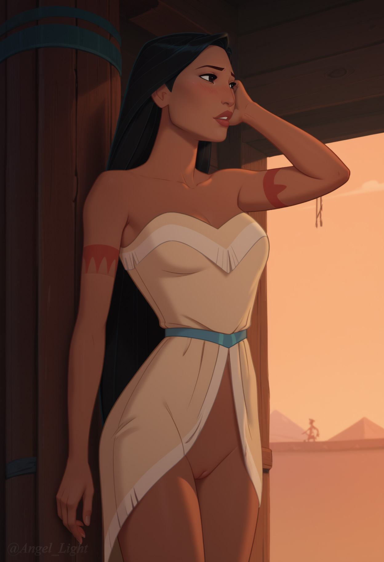 1girls, ai generated, angel light, angel light (artist), black hair, disney, disney princess, dress, female, pocahontas, pocahontas (character), princess, pussy