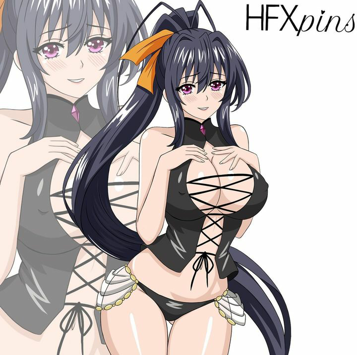 akeno_himejima artist_name ass_visible_through_thighs bare_arms black_panties black_shirt blush breast_suppress brooch center_opening cleavage collarbone covered_nipples criss_cross_top fingernails furrowed_brow hair_between_eyes hair_intakes hair_ribbon hands_on_own_chest hands_up hfxpins high_collar high_ponytail high_school_dxd huge_ahoge large_breasts latex_panties latex_shirt lingerie medium_bangs no_bra orange_ribbon parted_lips pink_eyes ponytail purple_brooch purple_hair sidelocks simple_background sleeveless_shirt smile thighs_together very_long_hair white_background zoom_layer