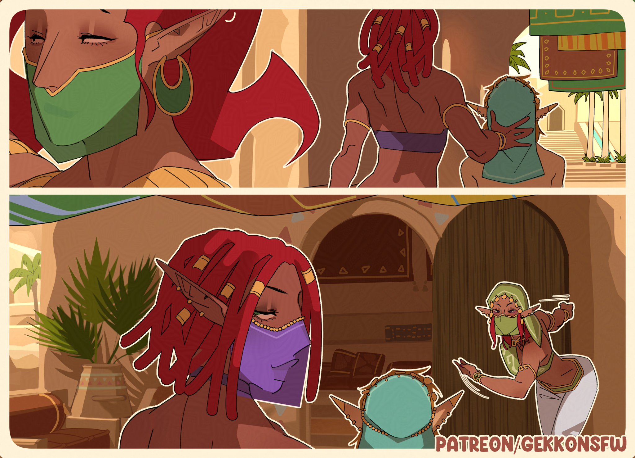 1boy, 2girls, ass, big ass, big breasts, big thighs, breasts, breasts bigger than head, breath of the wild, chest, curvaceous, curvy, curvy figure, dark skin, dark-skinned female, digital media (artwork), female, gekk 0, gekkonsfw, gerudo, gerudo link, hips, hourglass figure, huge ass, huge breasts, huge thighs, large ass, large breasts, large thighs, legs, light skin, light-skinned male, link, link (breath of the wild), male, male/female, mature, mature female, mature male, multiple girls, nintendo, slim waist, straight, the legend of zelda, the legend of zelda: breath of the wild, thick, thick hips, thick legs, thick thighs, thighs, voluptuous, waist, wide hips, wide thighs
