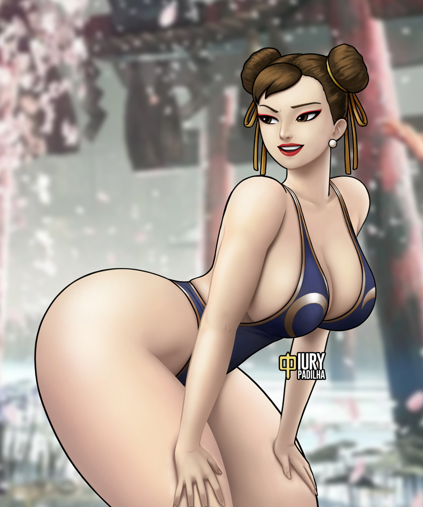 ass, bent over, bottom heavy, bouncing breasts, breasts, brown eyes, brown hair, brown-haired female, capcom, chun-li, cleavage, earrings, female, female only, hair ribbon, high resolution, iury padilha, jewelry, jiggle, large breasts, leaning, leaning forward, lipstick, makeup, mature, mature female, one-piece swimsuit, ribbon, solo, solo focus, street fighter, street fighter 6, swimsuit, voluptuous, wide hips