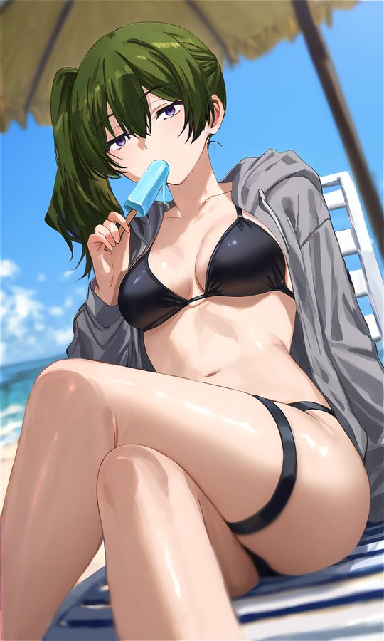 beach, bikini, black bikini, cleavage, female, female only, green hair, popsicle, sousou no frieren, swimsuit, ubel (sousou no frieren)