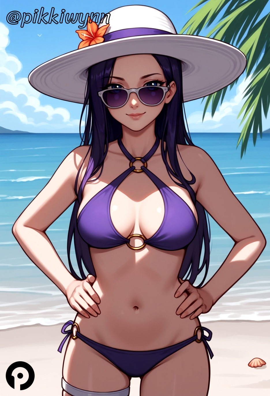 ai_generated bare_shoulders beach bikini blue_sky breasts caitlyn_kiramman cloud collarbone cowboy_shot day female flower halterneck hands_on_hips hat hat_flower league_of_legends lips long_hair looking_at_viewer looking_over_eyewear medium_breasts navel o-ring o-ring_bikini ocean outdoors pikkiwynn purple_bikini purple_eyes purple_hair side-tie_bikini_bottom sky smile solo standing stomach sun_hat sunglasses swimsuit thigh_strap tinted_eyewear white_headwear