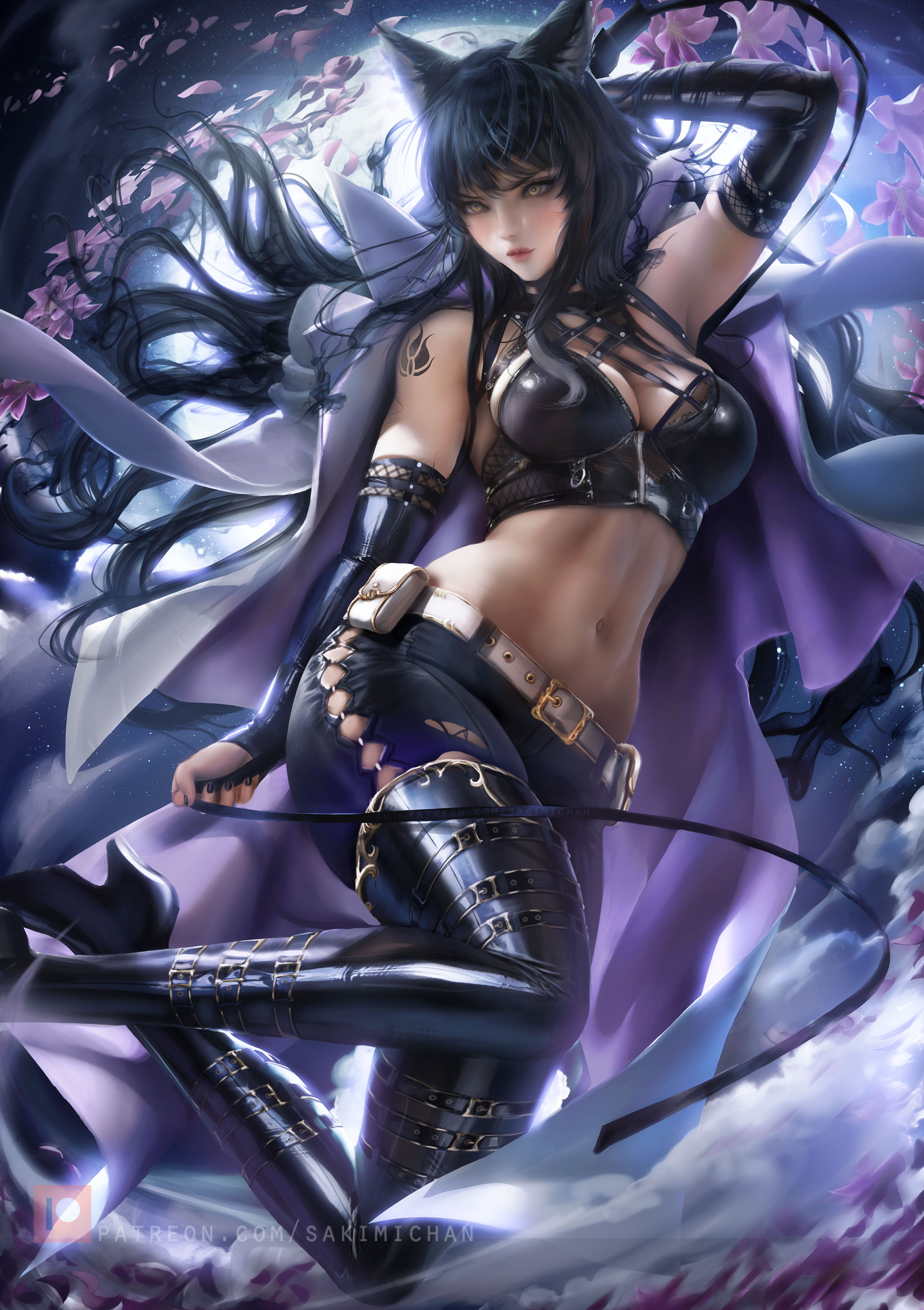 black gloves, black hair, black legwear, blake belladonna, boots, breasts, female, gloves, lips, long hair, looking at viewer, nail polish, rwby, sakimichan, solo, tattoo, thighhighs, yellow eyes