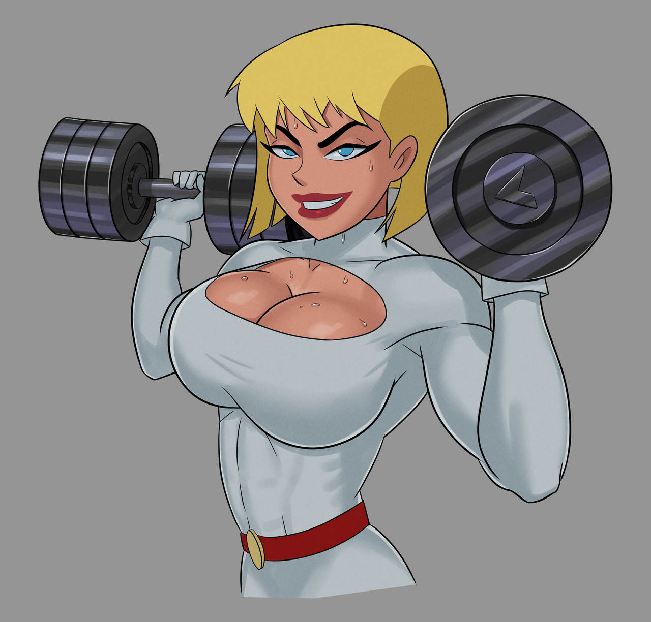 1girls, blonde hair, breasts, cartoon network, cleavage, cleavage cutout, clothing cutout, dc, dc comics, female, female only, galatea, huge breasts, justice league unlimited, lipstick, makeup, short hair, solo, sunsetriders7, superman (series), sweat, sweatdrop, tight clothing, toonami, workout