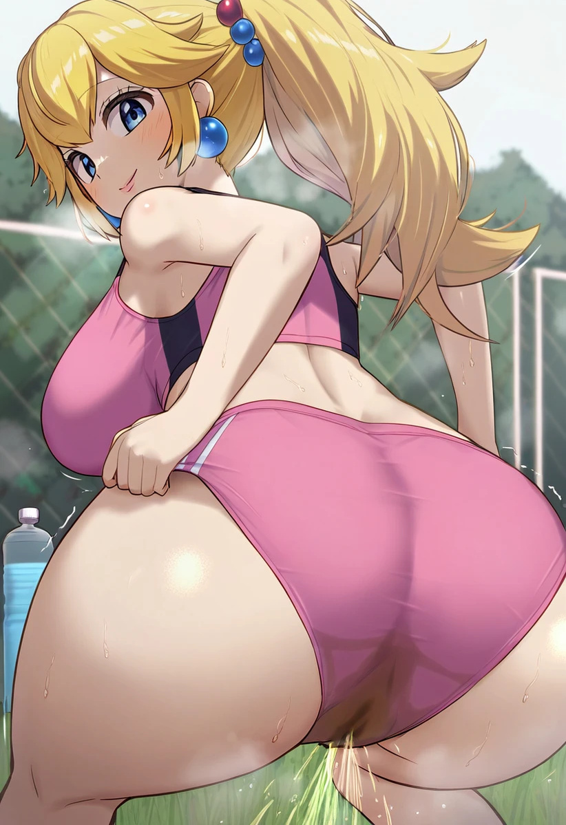 ai_generated ass ass_focus big_breasts big_butt blonde_hair blue_eyes dat_ass fat_ass gigantic_ass golden_shower gym_clothes gym_uniform huge_breasts huge_thighs in_search_of_holy_water light-skinned_female light_skin looking_back mario_(series) massive_breasts nintendo peeing pink_shorts ponytail princess_peach solo_female squatting super_mario_bros. thick_thighs thighs urinating urinating_female urination urine voluptuous voluptuous_female