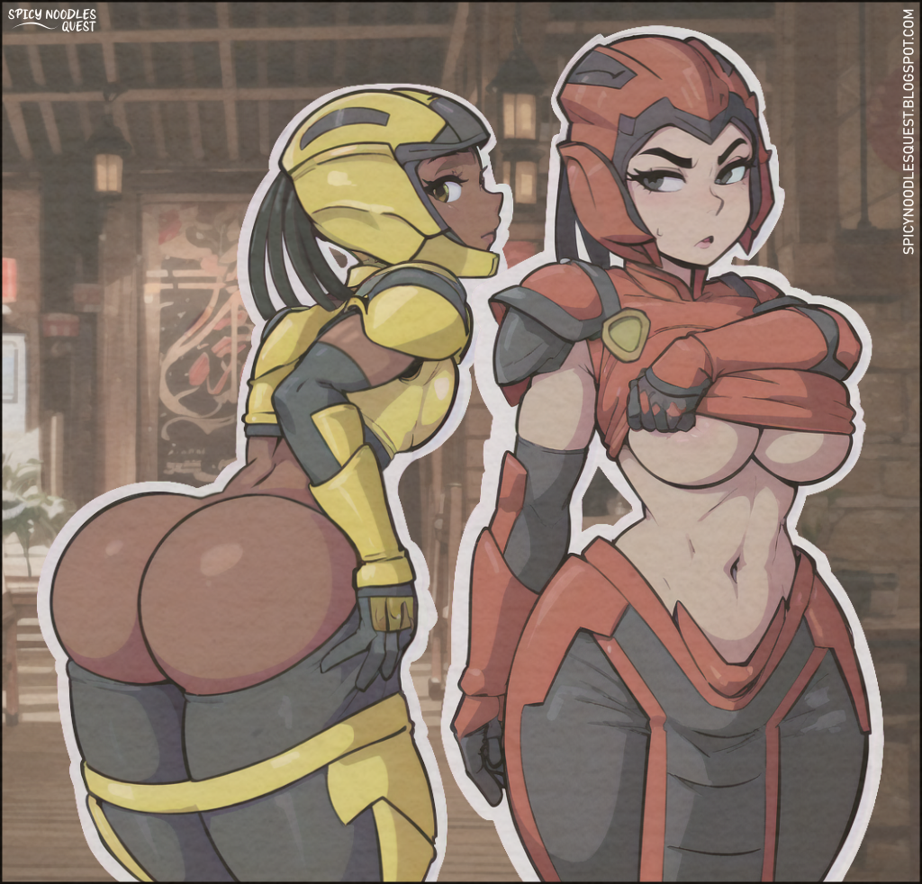 2d 2d_(artwork) 2girls ai_assisted armor armored_female ass big_breasts booty brown_eyes clothed clothed_female clothes clothing color cyborg cyborg_girl cyrax cyrax_(new_era) dark-skinned_female dark_skin embarrassed embarrassed_female female female_focus female_only looking_at_viewer mortal_kombat mortal_kombat_1_(2023) netherrealm_studios pointy_chin removing_clothing sektor sektor_(new_era) serious sfw spicynoodlesquest taking_clothes_off thick_ass thick_legs thick_thighs thighs wide_hips yellow_eyes