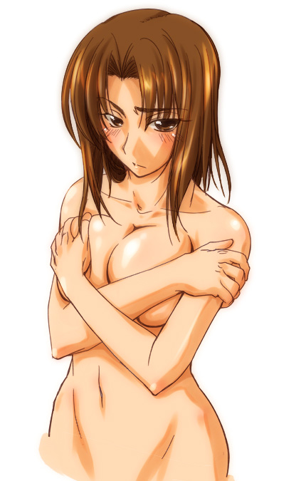 blush breast_hold breasts brown_eyes brown_hair covering crossed_arms fate/stay_night fate_(series) female fue_(rhomphair) mitsuzuri_ayako navel nude short_hair solo white_background