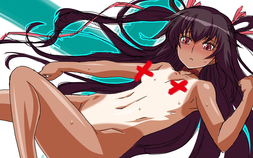 aoi_nagisa_(metalder) blush breasts brown_hair censored curvy dark-skinned_female dark_skin embarrassed female hair_between_eyes hair_ribbon heart highres lilith-soft long_hair mizuki_yukikaze nude official_art pink_eyes ribbon shiny shiny_hair shiny_skin simple_background small_breasts solo sweat taimanin_(series) taimanin_rpgx taimanin_yukikaze tan thighs twintails very_long_hair