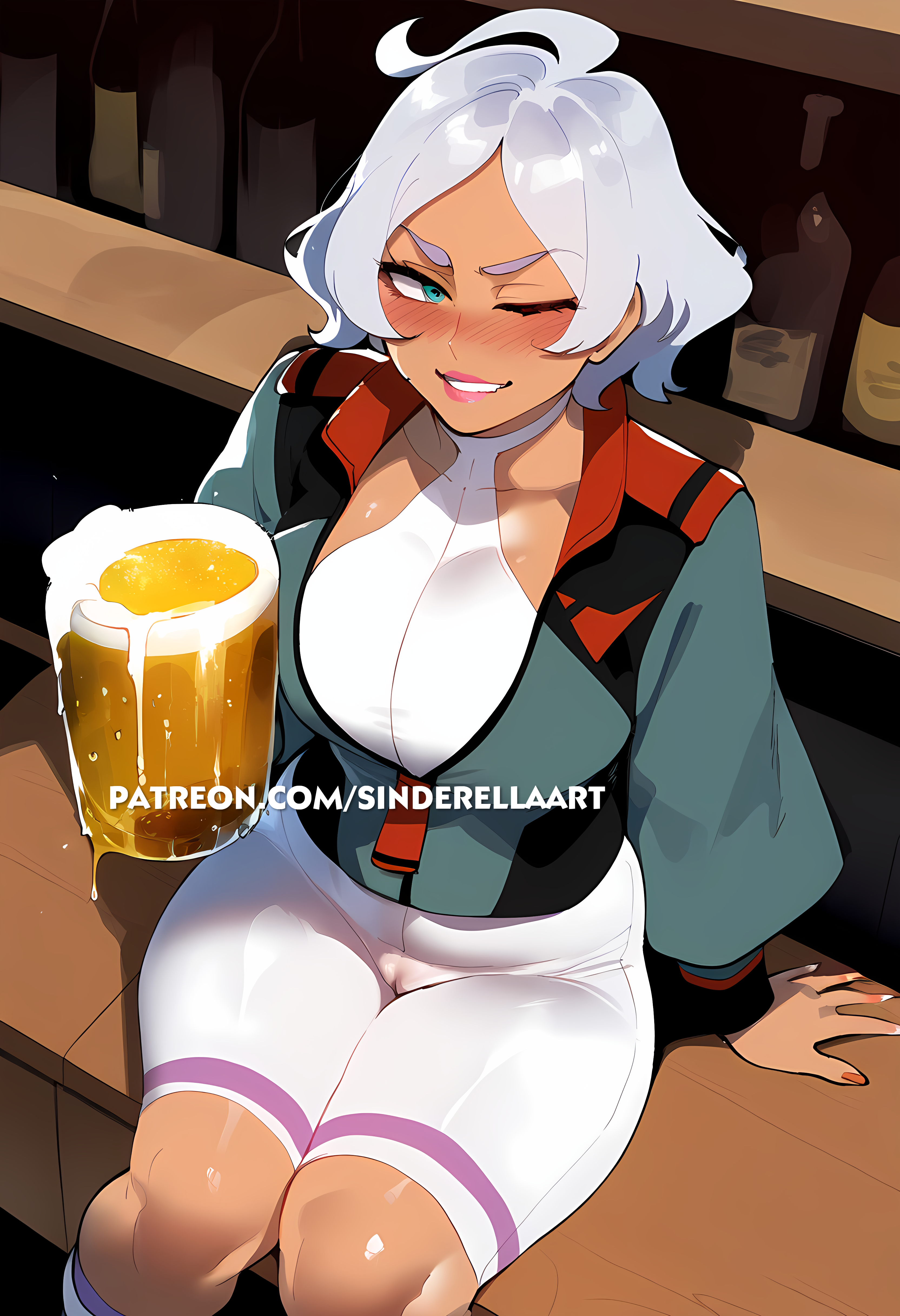1girls, ai generated, alcohol, ass, bar, beer, big ass, big breasts, big butt, breasts, drinking, drunk, female, gundam, gundam suisei no majo, huge breasts, large ass, large breasts, mobile suit gundam, secelia dote, sinderellaart