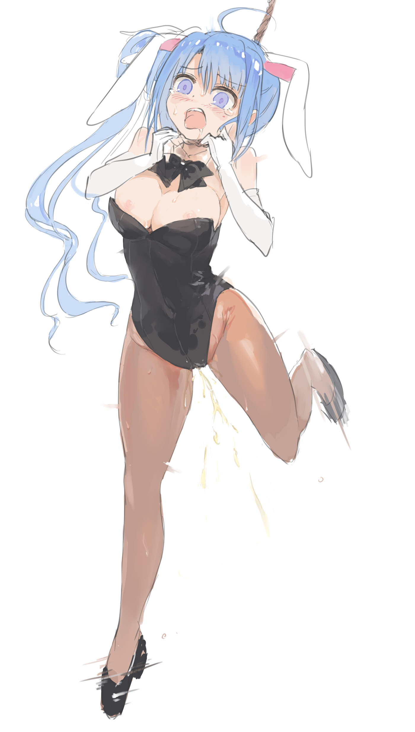 ahoge, animal ears, areolae, artist request, asphyxiation, bare shoulders, blue hair, blush, bondage, breasts, bunny ears, clothing, dying, female, fishnets, full body, hanged, large breasts, leotard, long hair, medium breasts, nipples, noose, open mouth, original, pantyhose, peeing, peril, playboy, playboy bunny, playboy bunny leotard, purple eyes, rope, solo, tagme, tears, topless