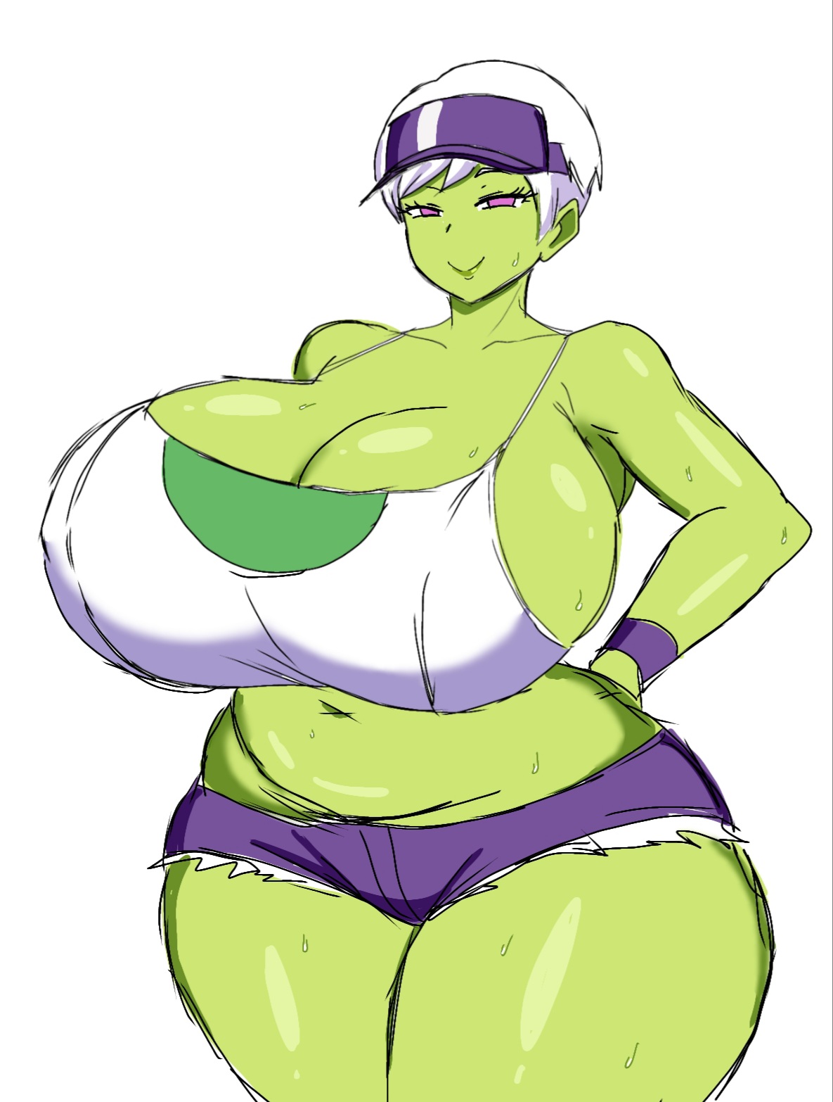 1girls, big breasts, big tits, breasts, cheelai, curvy, dragon ball, dragon ball super, dragon ball super broly, female, female only, front view, green skin, huge breasts, momiji (artist), pink eyes, short shorts, thick thighs, white hair