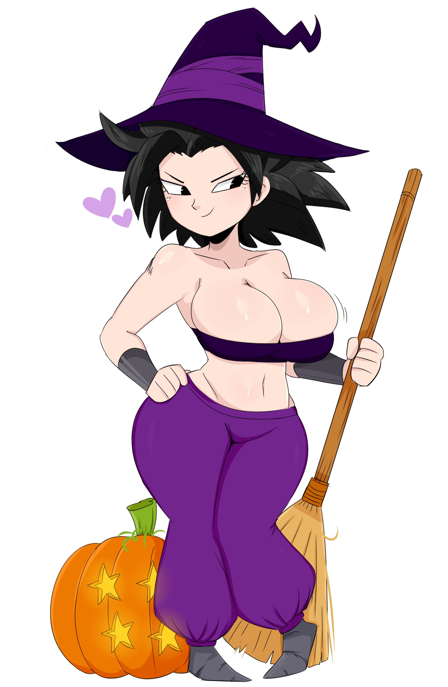 big breasts, black eyes, black hair, breasts, caulifla, cleavage, dragon ball, dragon ball super, female, female only, jinu, large breasts, light skin, light-skinned female, long hair, saiyan, solo, spiky hair, witch hat