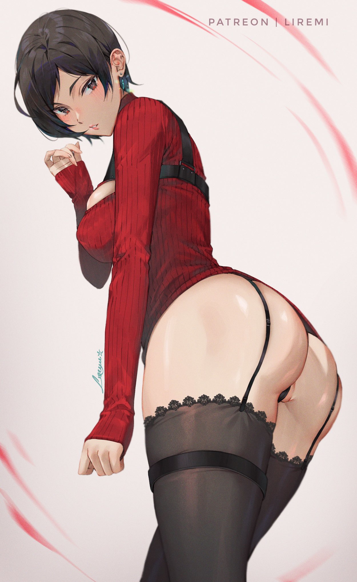 1girl, ada wong, ass, ass focus, beautiful woman, black hair, black thighhighs, breasts, brown eyes, cleavage cutout, clothing cutout, commentary, disinterested, earrings, emotionless, emotionless female, english commentary, garter straps, highres, jewelry, liremi, looking at viewer, mature woman, parted lips, red sweater, resident evil, resident evil 4, resident evil 4 remake, ribbed sweater, short hair, signature, solo, stockings, sweater, thighhighs, turtleneck, turtleneck sweater, uninterested, uninterested female