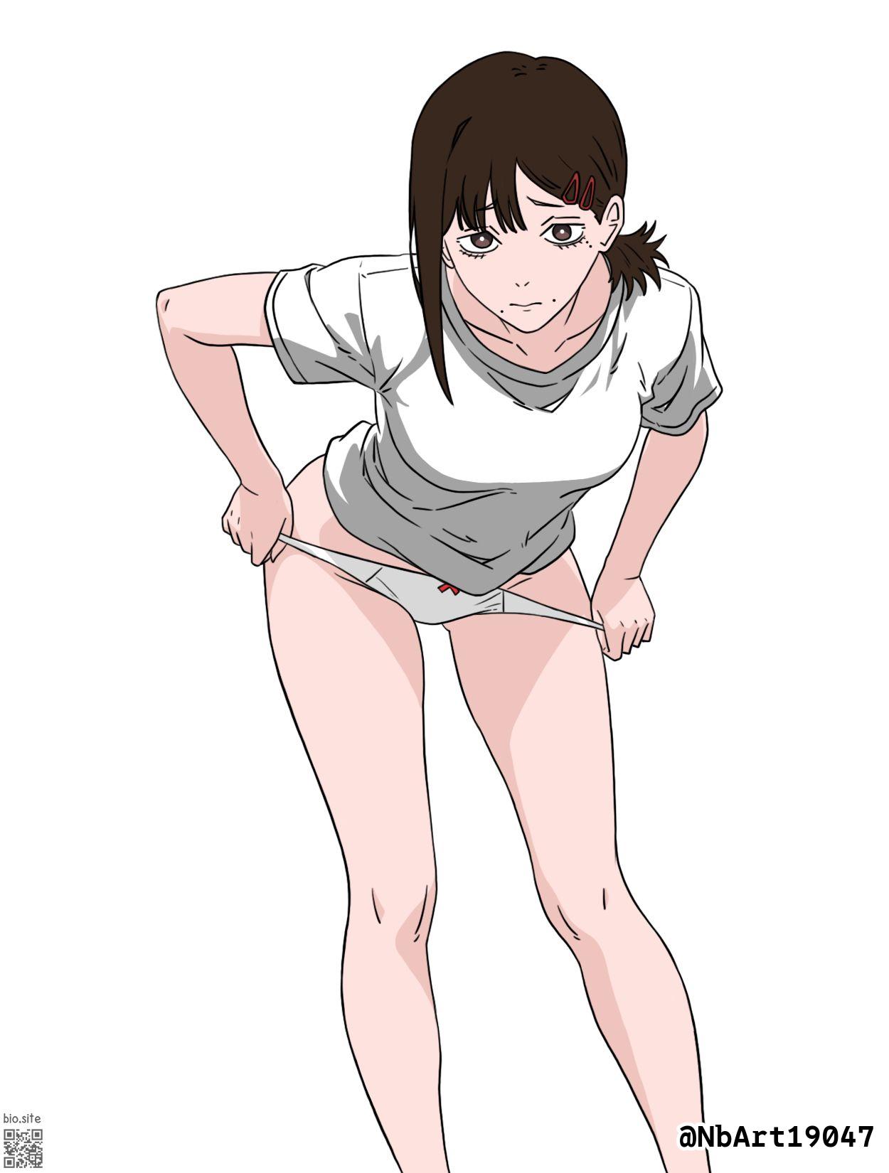 1girls, 2d, 2d (artwork), 2d artwork, adult, adult female, belly, belly button, bent forward, bent over, breasts, brown eyes, brown hair, brown-eyed female, brown-haired female, chainsaw man, clothes, collarbone, curvaceous, curvaceous body, curvaceous female, curvaceous figure, curvaceous hips, curvy, curvy body, curvy female, curvy figure, curvy hips, digital, digital art, digital drawing, digital drawing (artwork), digital media, digital media (artwork), drawing, elbows, female, female focus, female only, fingers, groin, hair clip, hair clips, hairclip, hairclips, higashiyama kobeni, high resolution, highres, knees, kobeni higashiyama, lean figure, leaning, leaning forward, looking at viewer, mature, mature female, midriff, mole, mole on body, mole on cheek, mole on face, mole under eye, mole under mouth, narrow waist, navel, nbart19047, nervous, nervous expression, nervous face, nervous female, panties, panties aside, panty pull, ponytail, removing panties, removing underwear, ribbon panties, shirt, short hair, short ponytail, shoulders, shy, shy expression, shy female, shy girl, simple background, slender body, slender waist, slim female, slim waist, small breasts, solo, standing, taking panties off, thigh gap, thighs, topwear, underwear, underwear aside, white background, white clothes, white panties, white pupils, white shirt, white topwear, white underwear, wide hips