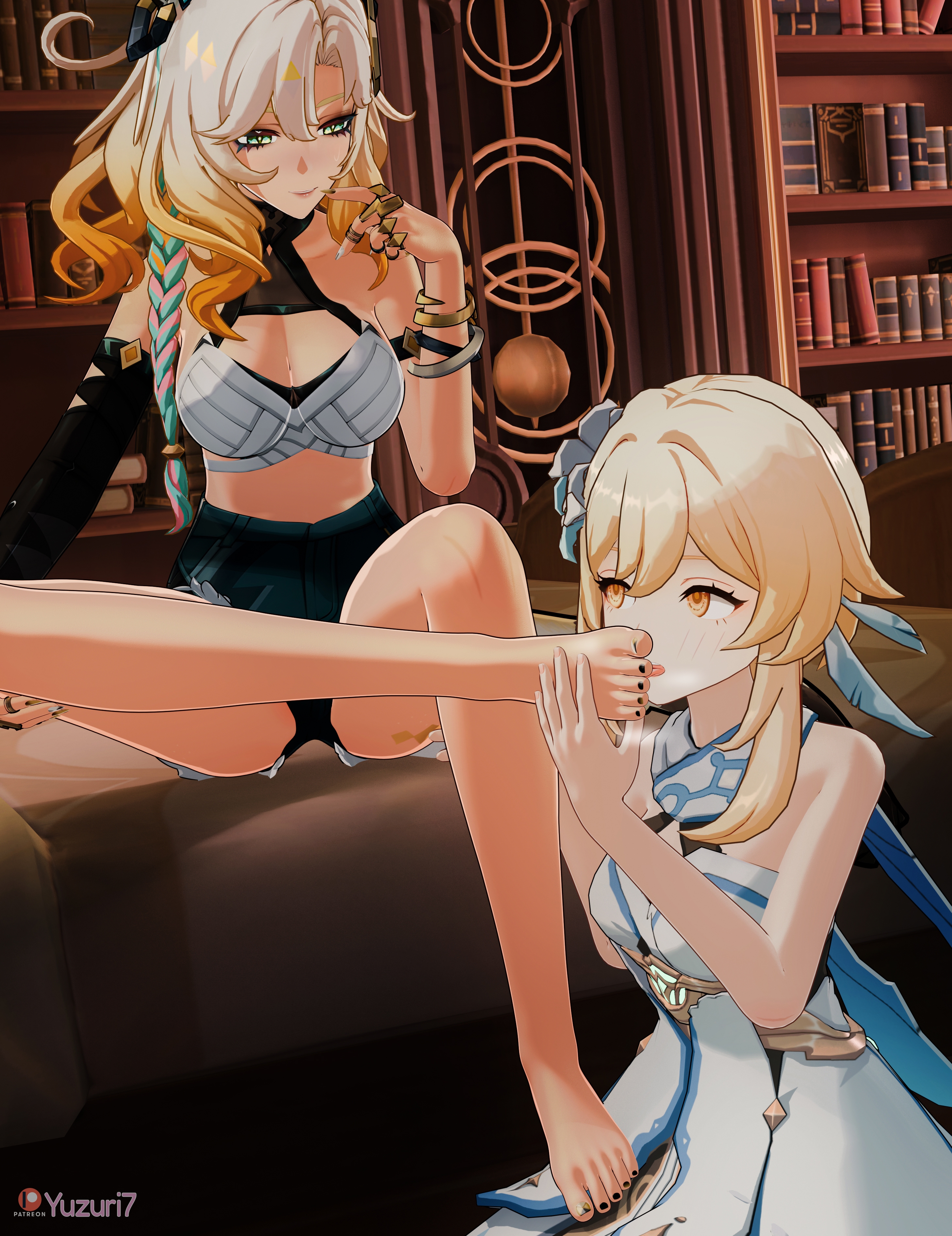 2girls, 3d, bare legs, barefoot, bed, bedroom, blender, blonde hair, blush, bra, braid, clothed, feet, female only, foot fetish, foot worship, genshin impact, green eyes, hair ornament, highres, hoyoverse, indoors, licking, lumine (genshin impact), nail polish, on knees, shorts, sitting, smiling, tan skin, toes, xilonen (genshin impact), yellow eyes, yuri, yuzuri7