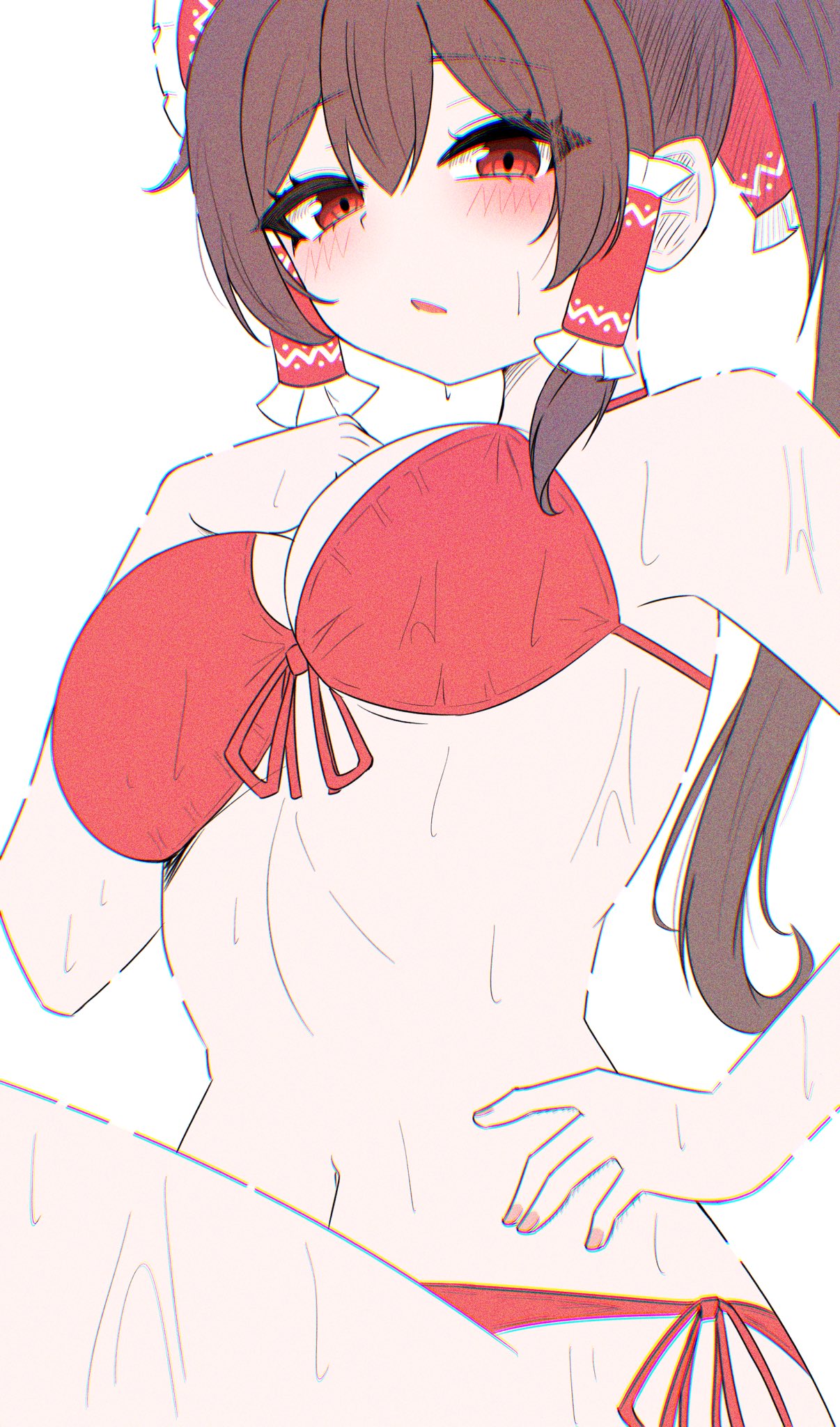 1girl, arm up, bikini, blush, hakurei reimu, hand on hip, kiui (dagk8254), large breasts, looking at viewer, nail polish, reimu hakurei, solo, sweat, sweaty, touhou