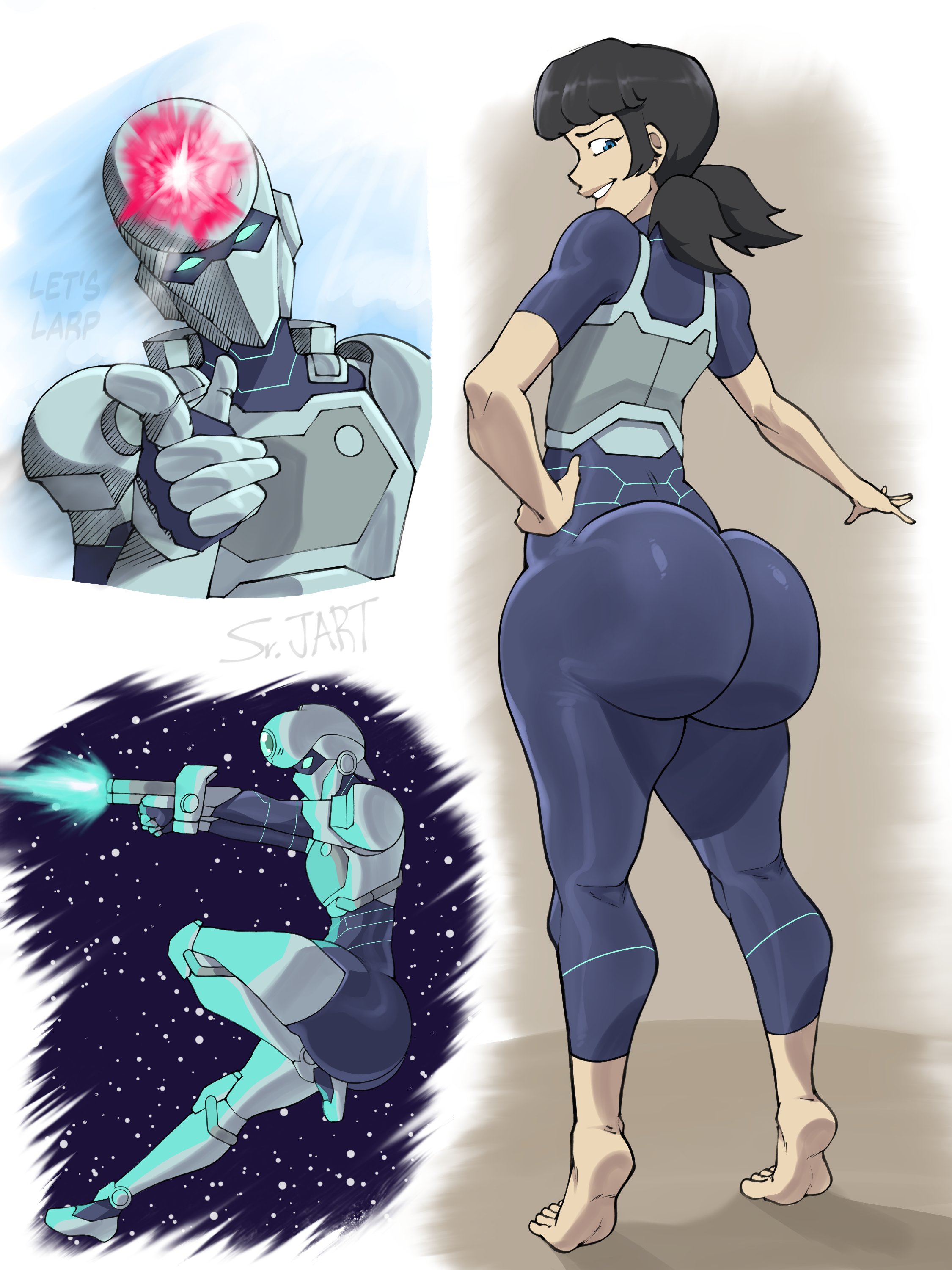 1girls, 2026, 2d, 2d (artwork), armor, armored female, ass, barefoot, big ass, big butt, black hair, blue eyes, bodysuit, bubble ass, bubble butt, female, female only, fully clothed, hair, huge ass, invincible, invincible (tv series), looking back, skin tight, smile, solo, space, srjrgart, tech jacket, tech jacket (zoe thompson), thick thighs, tight clothing, twin tails, twintails, wide hips, zoe thompson