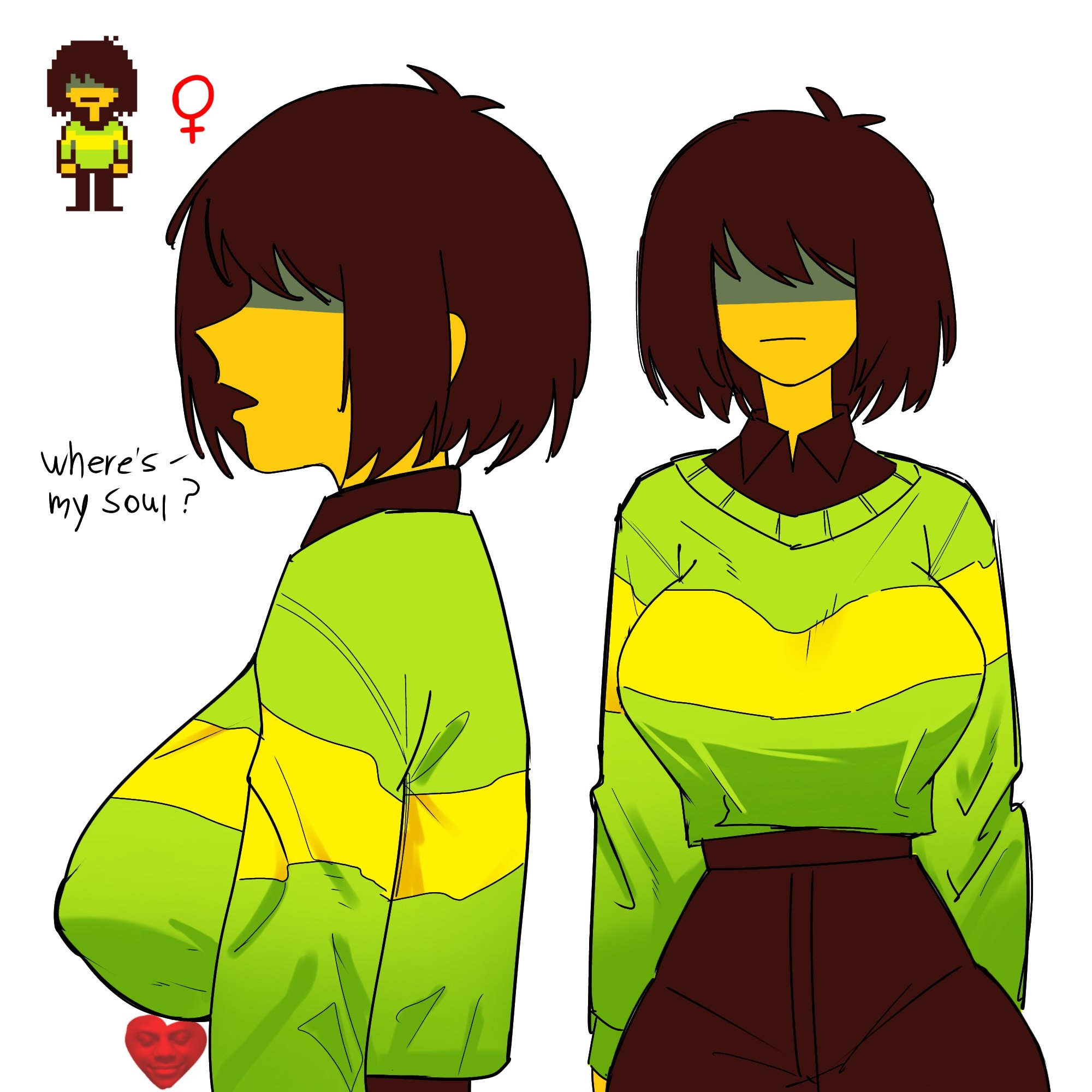1girl, 1girls, 1nonbinary, 2025, 2d, 2d (artwork), big booba, big boobs, big breasts, big tits, boobs, brown shirt, brown shorts, busty, busty female, busty girl, clothed, clothing, dark maroon hair, deltarune, female, female only, front view, green sweater, hair covering eyes, hair over eyes, heart, heart shaped object, heart-shaped object, huge breasts, humor, ishowspeed, jpg, kris (deltarune), kris female (deltarune), long sleeve shirt, long sleeves, medium hair, nipples covered, nipples visible through clothing, no eyes visible, short hair, side view, soul (deltarune), thick thighs, tits, yellow body, yellow skin, yellow stripe, yellow stripes