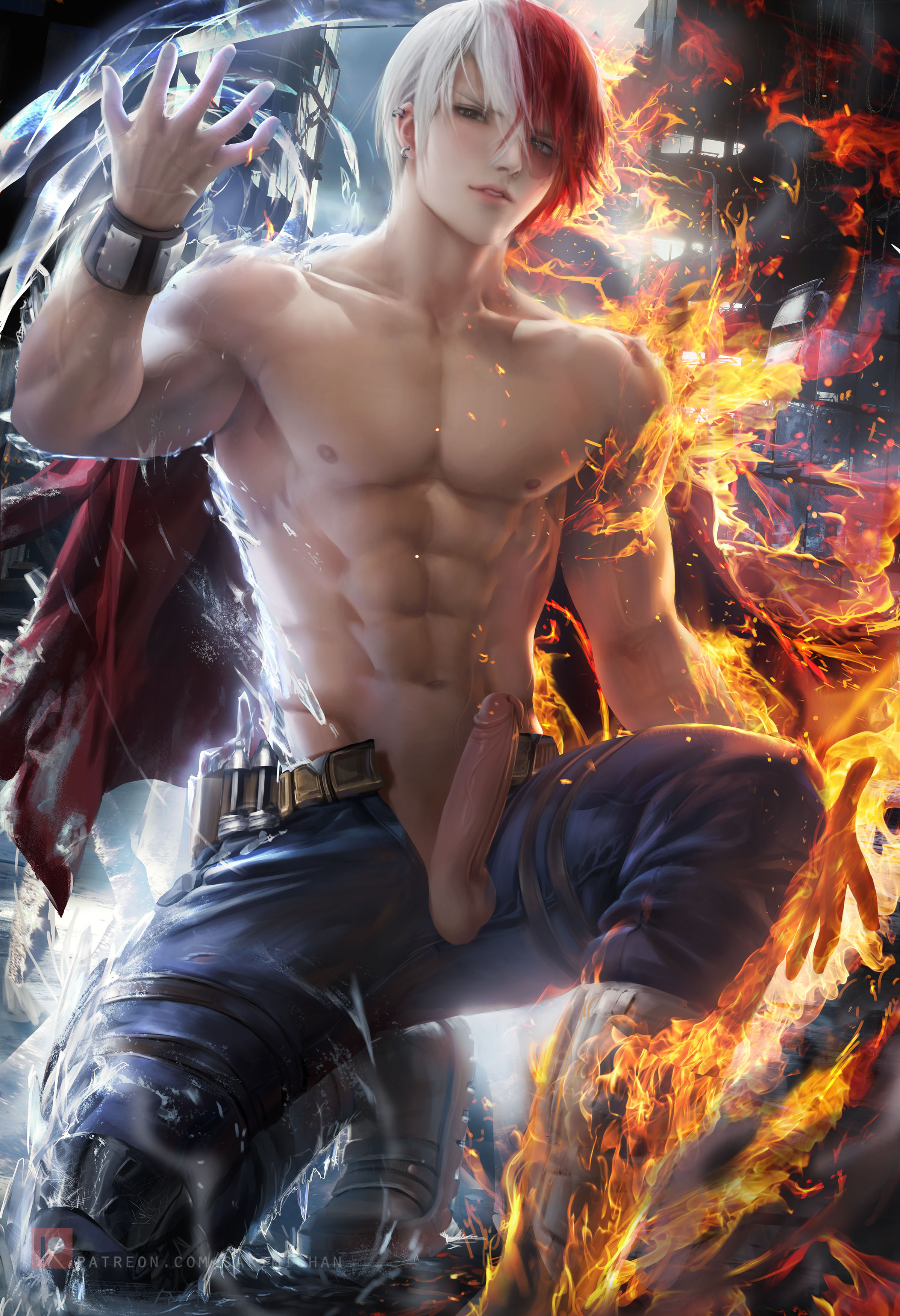1boy, male, male focus, male only, my hero academia, nude, penis, sakimichan, shouto todoroki, solo, uncensored