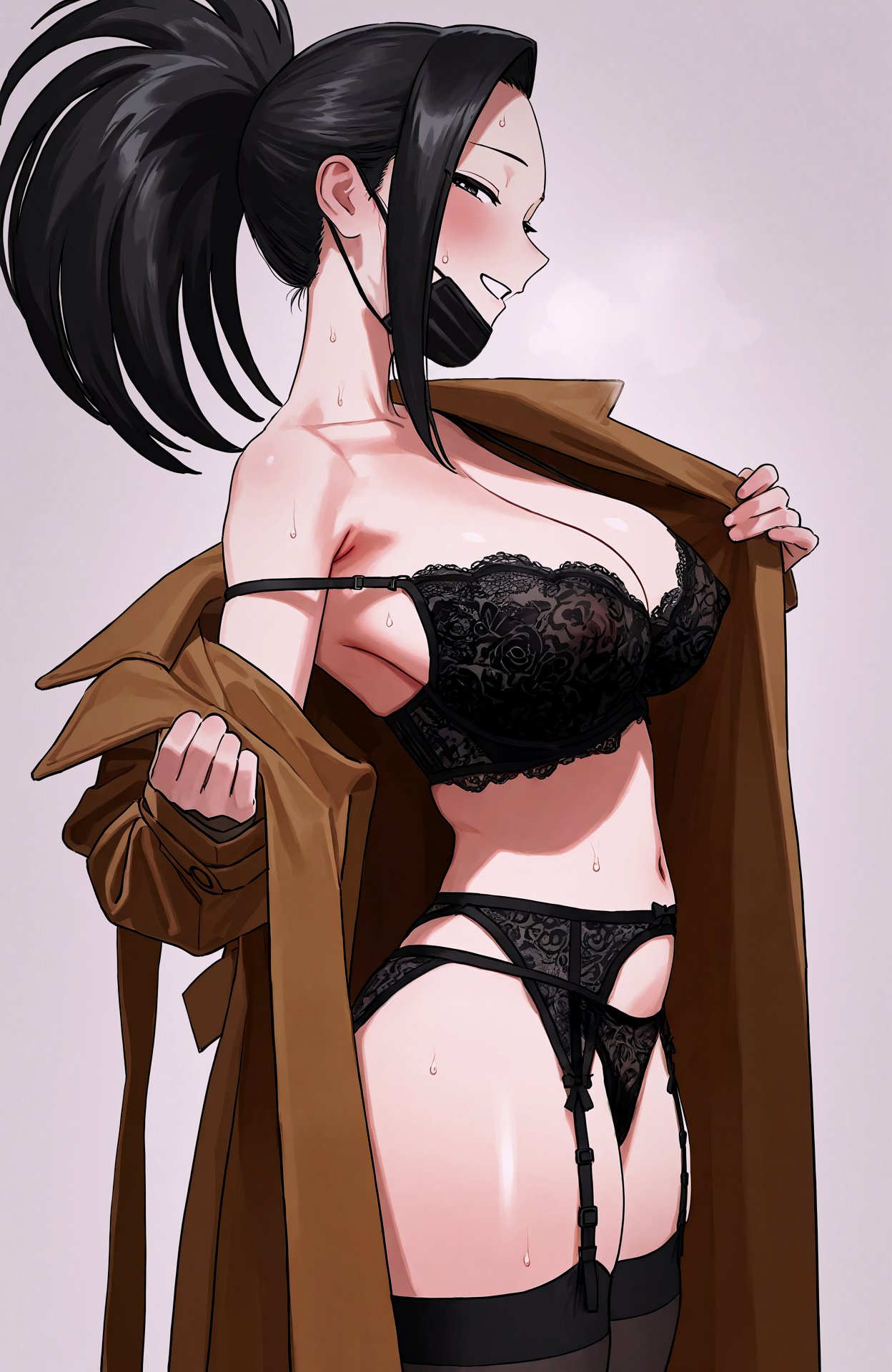 1girl, 1girls, ai generated, bare shoulders, big breasts, black bra, black eyes, black hair, black legwear, black panties, black-haired female, blush, bra, breasts, brown coat, cleavage, coat, collarbone, garter belt, grin, hair pulled back, high ponytail, hoshino akarii, huge breasts, jacket, lace, lace-trimmed bra, large breasts, long hair, long sleeves, looking at viewer, momo yaoyorozu, my hero academia, navel, open clothes, panties, ponytail, smile, solo, sweat, thighhighs, underwear, undressing, yaoyorozu momo
