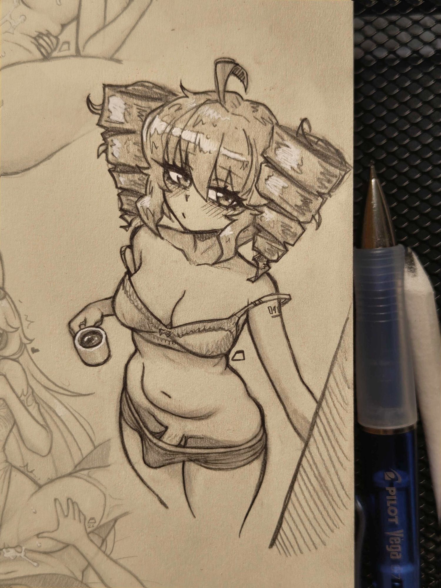 blush, coffee, coffee cup, erection, kasane teto, puddingdraws, traditional art, underwear, underwear only