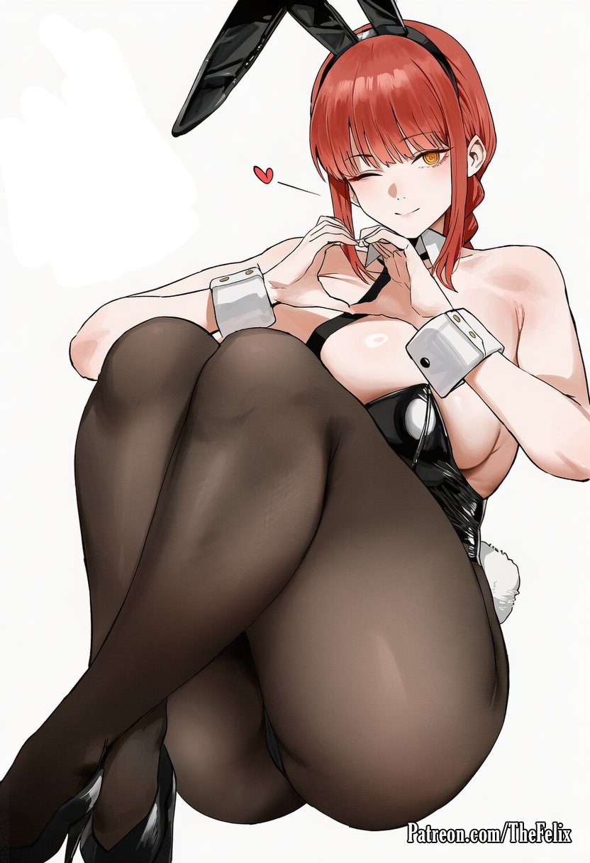 chainsaw_man makima_(chainsaw_man) ai_generated animal_ears bunnysuit bunny_ears 1girls pantyhose leotard wrist_cuffs fake_animal_ears breasts tail high_heels rating:safe bunny_tail black_leotard heart bangs heart_hands one_eye_closed detached_collar strapless_leotard looking_at_viewer bunny_girl bare_shoulders solo black_footwear braid red_hair sidelocks smile ass black_legwear blush large_breasts eyebrows_visible_through_hair strapless cleavage thighs
