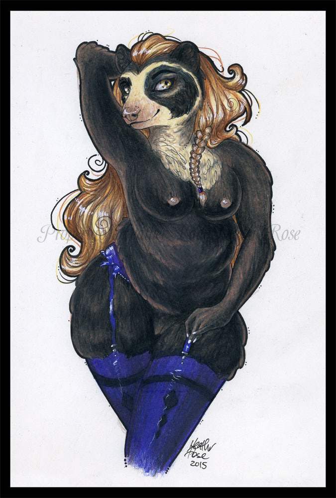 2015 anthro bear belly big_breasts biped black_border black_fur black_markings black_pussy border braided_hair breasts brown_eyes brown_fur brown_hair brown_nipples brown_nose chest_tuft clothing elbow_tufts eye_markings eyebrows eyelashes facial_markings female front_view fupa fur fur_tuft garter_belt garter_straps hair hand_behind_head hand_on_hip humanoid_hands ladyducky legwear long_hair looking_aside looking_away mammal markings mask_(marking) mostly_nude multicolored_fur muzzle_(marking) nipples nude overweight overweight_female pinup pose pussy raised_arm signature simple_background smile snout solo spectacled_bear standing tan_fur tan_markings thick_thighs thigh_highs traditional_media_(artwork) tuft watermark white_background white_nails