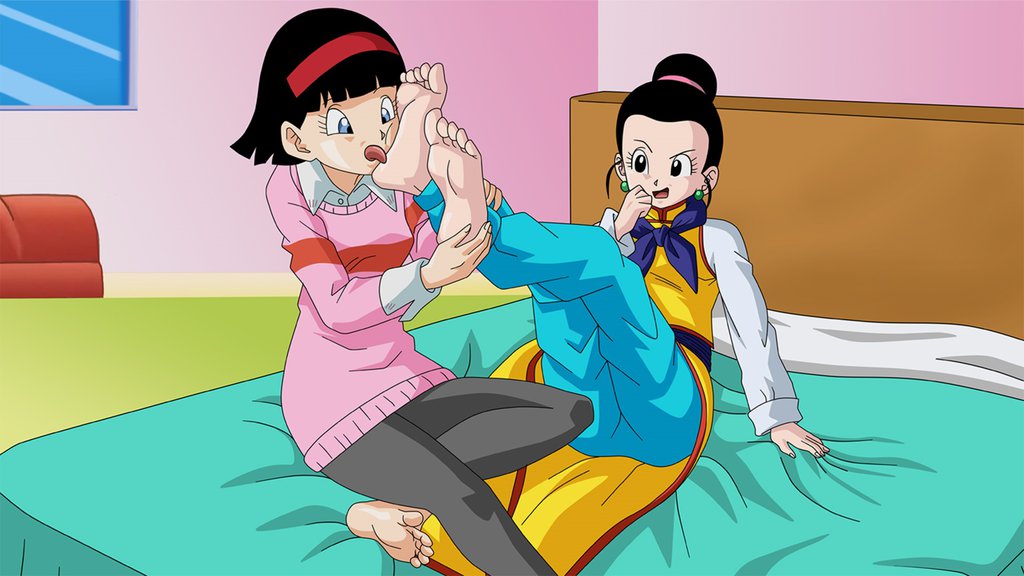 2girls bed breasts chichi dragon_ball dragon_ball_super feet foot_fetish foot_focus foot_lick foot_worship in-lawcest licking_feet milf mother-in-law_and_daughter-in-law multiple_girls soles toes videl yuri