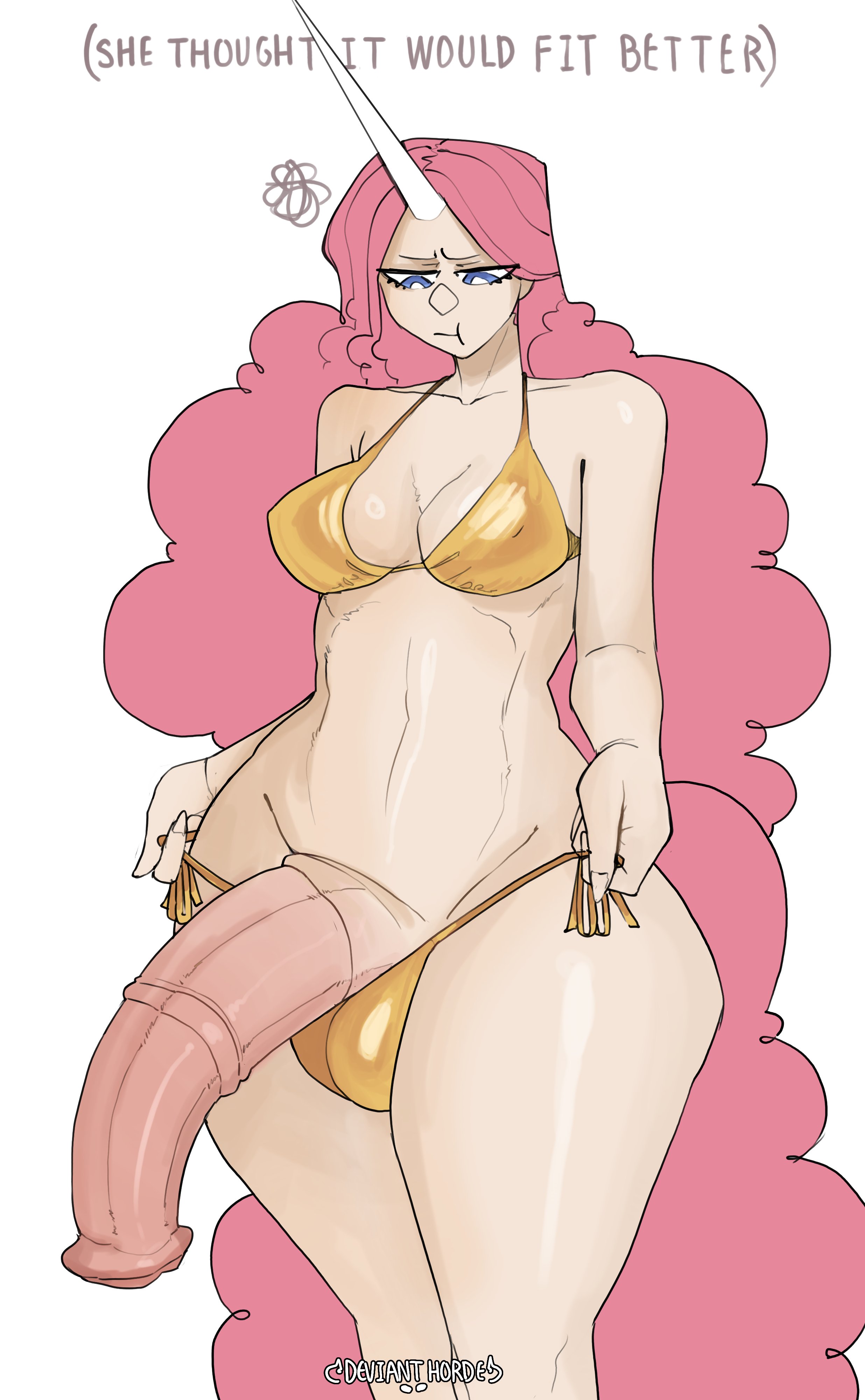 1futa, 1girls, absurd res, animal genitalia, animal genitalia on humanoid, animal penis, big breasts, bikini, blue eyes, curly hair, devianthorde, equine genitalia, equine penis, exposed penis, futa focus, futa only, futanari, golden bikini, half-erect, horn, horsecock, horsecock futa, huge cock, humanoid, large penis, light skin, light-skinned futa, long hair, penis, penis out, pink hair, pouting, rosie (roselynn meadow), solo, unicorn horn, wide hips