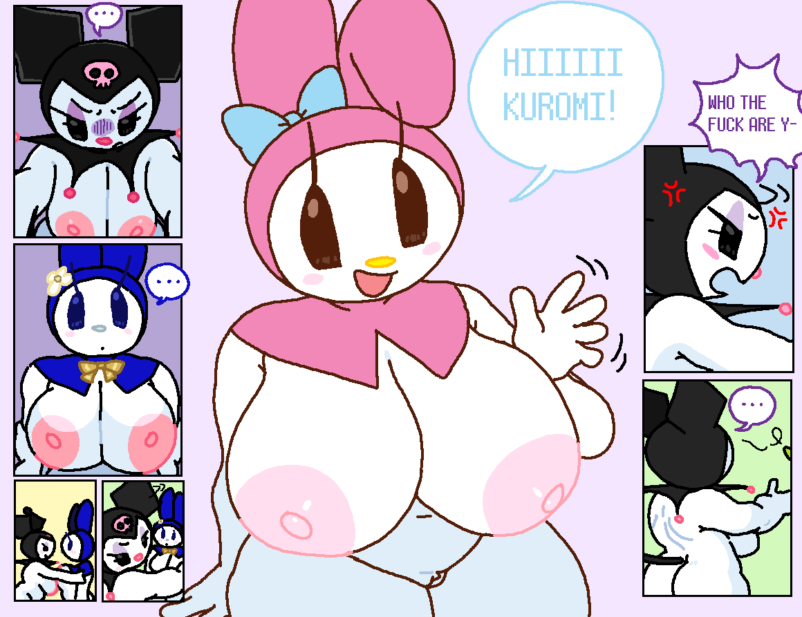 ..., 2girls, 5 fingers, anger vein, angry, annoyed, annoyed expression, anthro, areolae, big breasts, black eyes, blue bow, blue eyes, blue hood, blush, blush stickers, bow, breasts, bunny ears, bunny girl, cassettedream, closed mouth, comic, completely nude, dream-cassette, english text, female, female only, flower, furry, furry female, hand up, headwear, hood, hoshime, huge breasts, jester hat, kuromi, lagomorph, large areolae, large breasts, looking at viewer, my melody, nipples, nude, onegai my melody, open mouth, pink hood, rabbit, rabbit ears, rabbit girl, ribbon, sanrio, skull ornament, smile, solo, solo female, speech bubble, spoken ellipsis, tail, talking, text, thick thighs, thighs, waving, white fur, wide hips, yuri