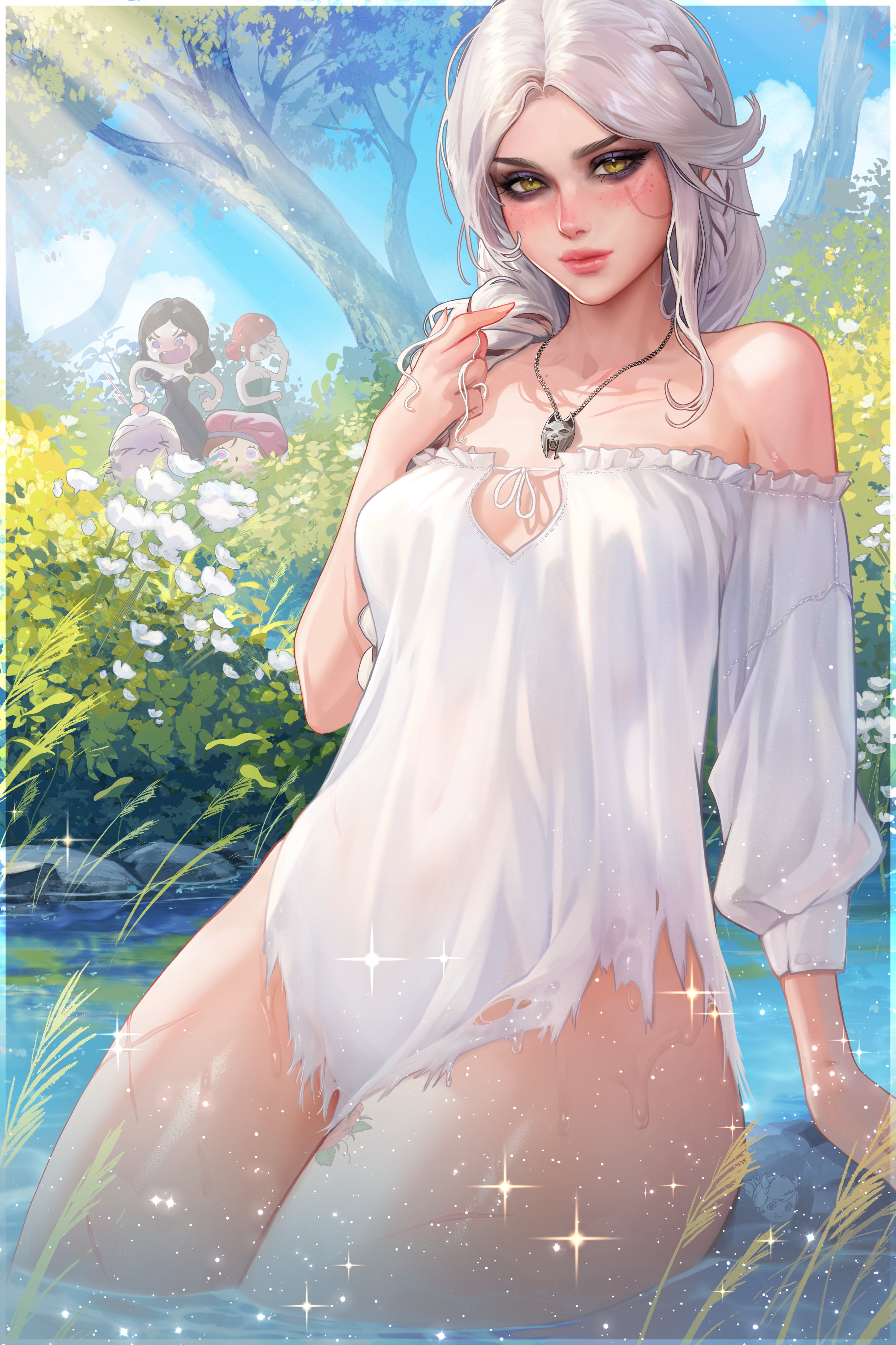 2boys, 2d, 3girls, ass, bathing, black hair, braid, cd projekt red, ciri, female, freckles, freckles on face, geralt of rivia, green eyes, jaskier (the witcher), light skin, light-skinned female, looking at viewer, mascara, outdoors, prywinko, red hair, river, scar, tattoo, the witcher (series), the witcher 4, triss merigold, voyeur, voyeurism, wet body, white hair, wide hips, witcher medallion, yennefer