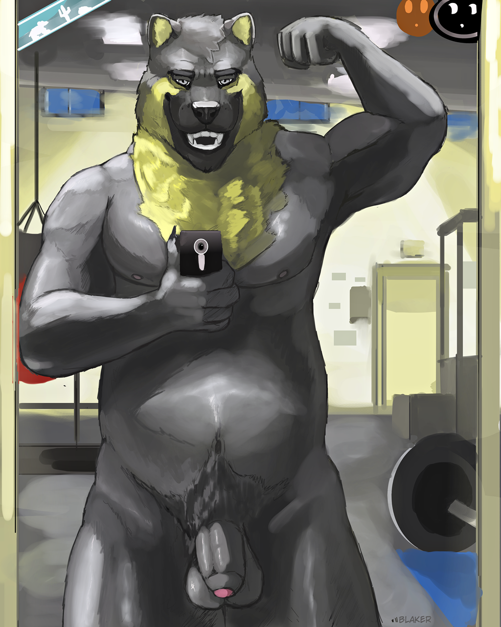 2018 5_fingers anthro balls barbell bear bedroom_eyes belly biceps biped black_balls black_claws black_fur black_nipples black_nose black_penis blaker cellphone chest_tuft claws doorway eye_markings facial_markings fangs fist flaccid flexing front_view fur fur_tuft glans grey_eyes half-closed_eyes half-length_portrait head_tuft holding_object holding_phone humanoid_hands humanoid_penis inside lighting male male_only mammal markings mirror_selfie multicolored_fur musclegut muscular muscular_male muzzle_scabs navel nipples nivardo_(fursona) nude open_mouth open_smile overweight overweight_male pecs penis phone pink_glans portrait pubes punching_bag raised_arm seductive selfie shadow smile snout solo spectacled_bear standing tuft two_tone_fur weights window yellow_fur yellow_markings